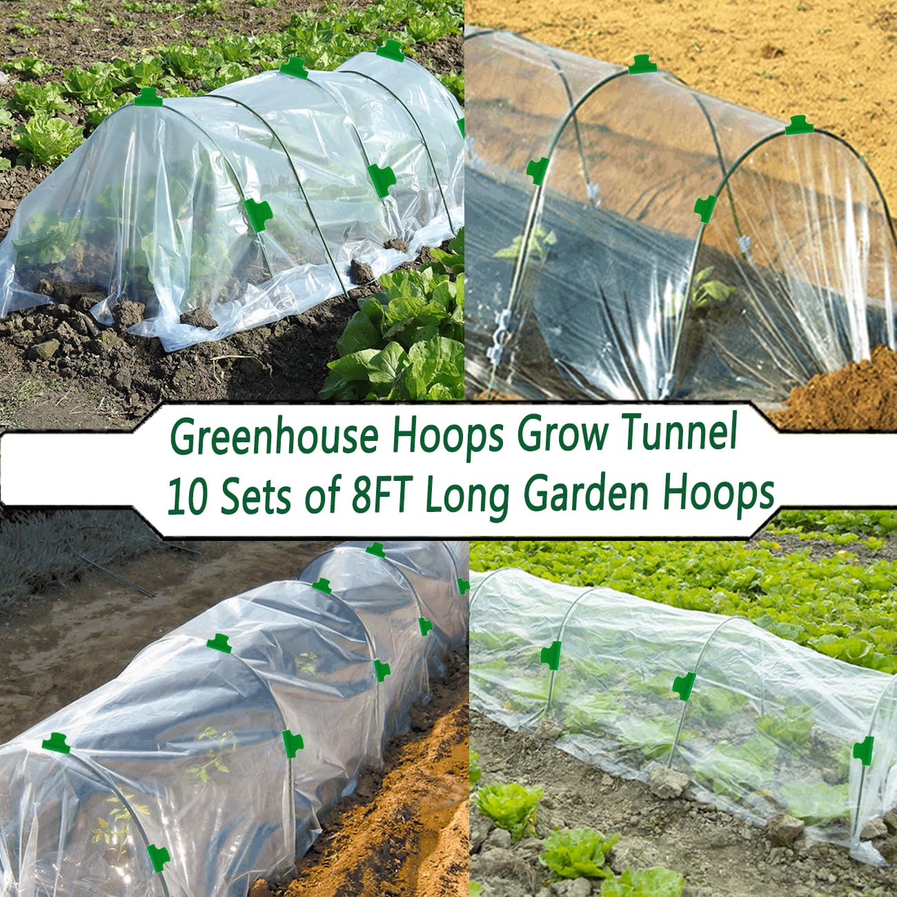 60 PCS Greenhouse Hoops Grow Tunnel, 10 Sets of 8FT Long Garden Hoops, DIY Width Grow Tunnel for Raised Beds, Fiberglass Garden Hoops Kit, Rust-Free Garden Tunnel for Garden Fabric,Garden Hoops