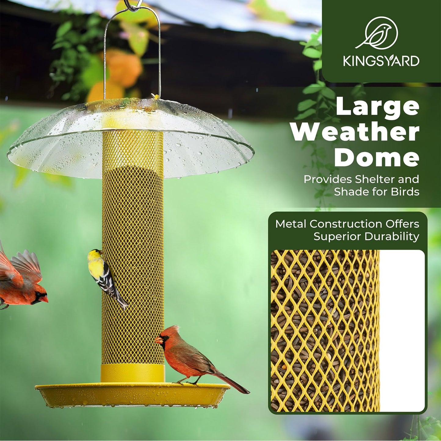 Kingsyard Thistle & Nyjer Bird Feeders for Outdoors Hanging, Metal Finch Feeder with Weatherproof Dome & Removable Tray, 14 Inch Mesh Tube, 2-1/4 lbs Seed Capacity, Great for Wild Bird (Yellow)