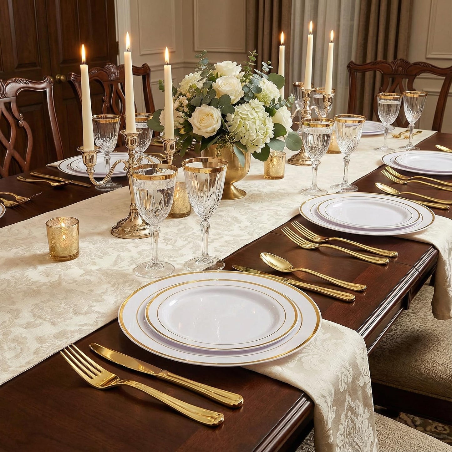 Supernal 102pcs White and Gold Plastic Plates Disaposable Party Plates White Gold Rim Heavy duty, Fancy Gold Plastic Dinnerware Set included 51 Dinner & Dessert Plates for Party,Birthday and Wedding