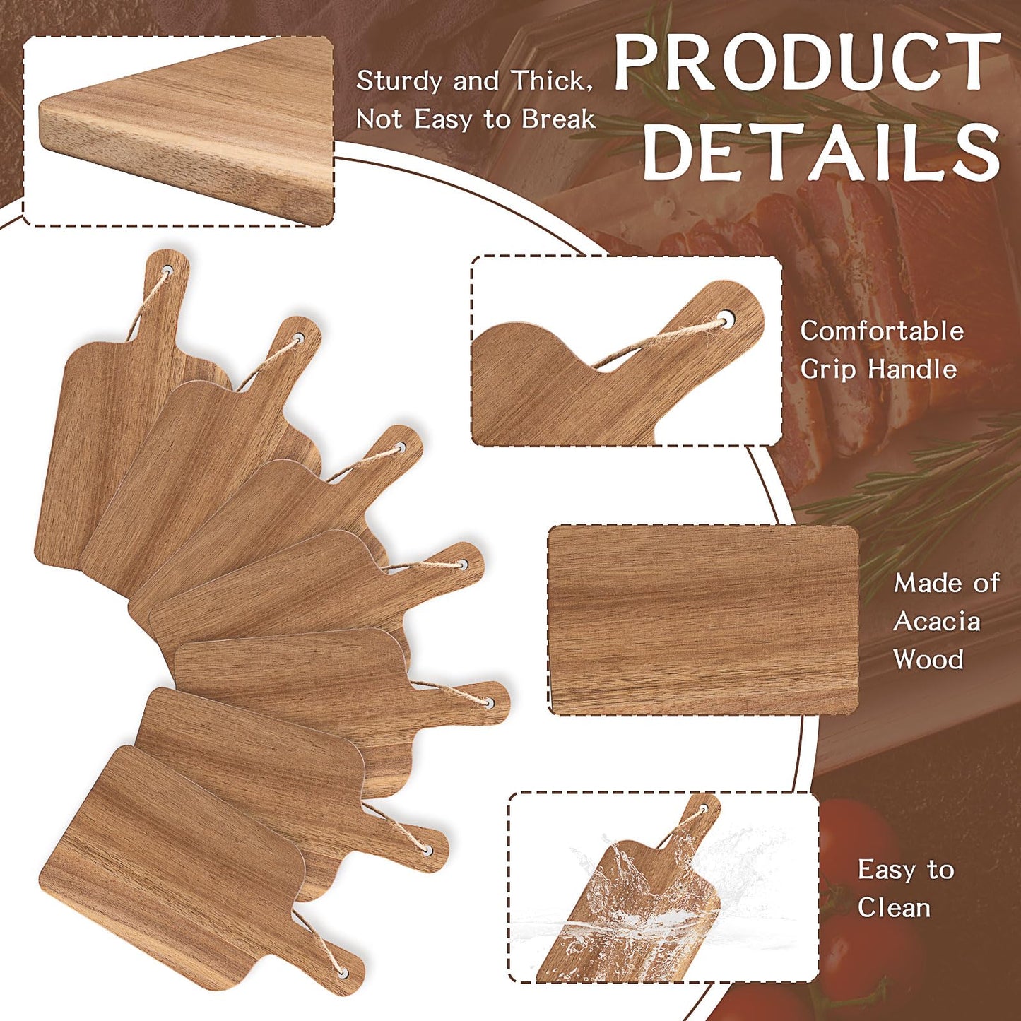 12-Pack Acacia Wood Cutting Boards with Handles, 12x6 Inch Chopping Board Bulk, Wooden Charcuterie Boards for Viggie, Fruits, Meal, Snack, Cheese, Engraving Holiday Gifts & Decor