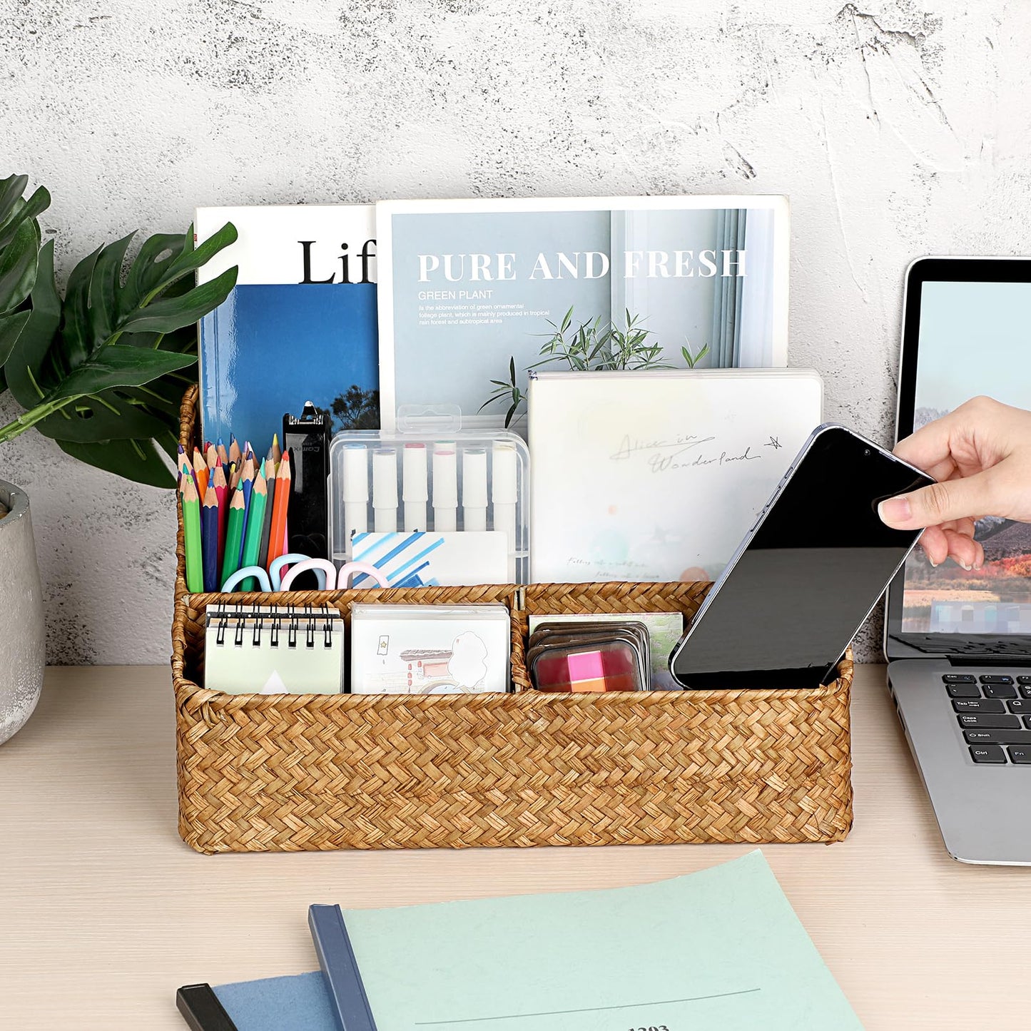 BTSKY Office Desk Organizer Natural Seagrass Desk Organizer with 4 compartments, Handmade Woven Wicker Mail Sorters, Office Supply Caddy Accessories Holder Organizer for School, Home, Office Supplies