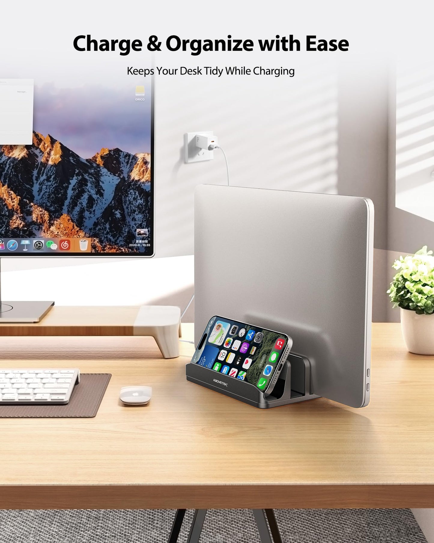 Vertical Laptop Stand - AboveTEK - 3 Slots for Computer, Tablet, Phone - Fits All Laptop Models (up to 17.3") - Heavy Duty Polished Aluminum Desktop Holder - Anti Slide Silicone Grips - Grey