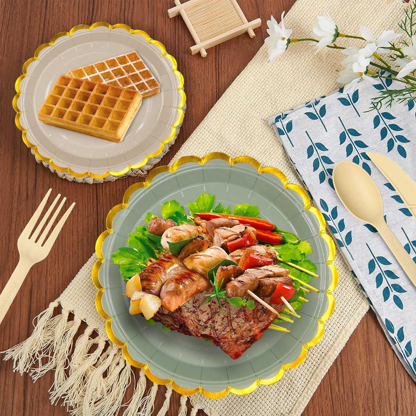 410PCS Sage Green Paper Plates and Napkins Party Supplies, Disposable Dinnerware Set Include 200 7 inch Gold Scalloped Edge Dessert Plates, 90 Cups, 120 Napkins for Bridal Baby Shower Birthday Wedding