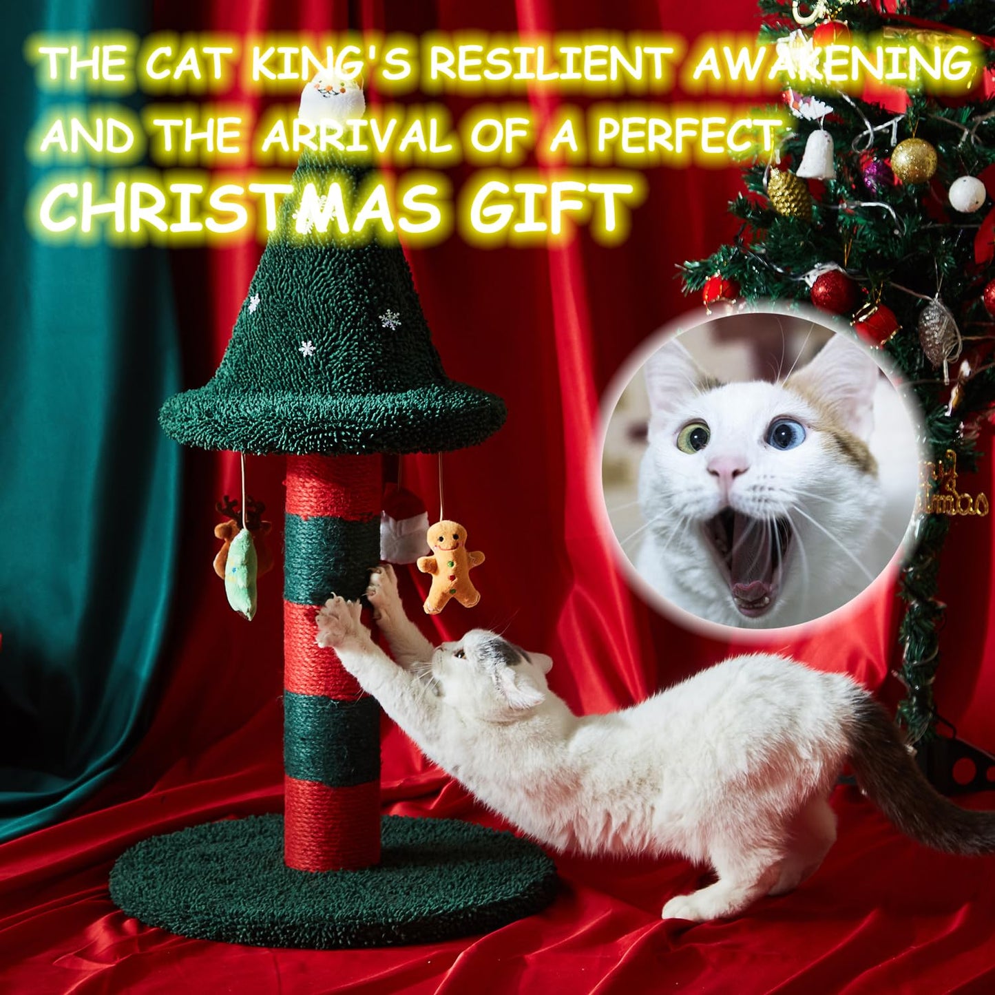 LUCKITTY Cat Scratching Post with 4 Hanging Plush Toy - Christmas Tree Alternative Give Your Cat a Toy and Scratching Post in One with This Ultimate Tree 30 * 15 Inch Red Green