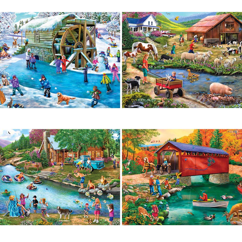 Bits and Pieces - 4-in-1 Multi-Pack - 300 Piece Jigsaw Puzzles for Adults-Each Measures 16" x 20" (46 cm x 61 cm)-River Escapades by Artist Mary Thompson