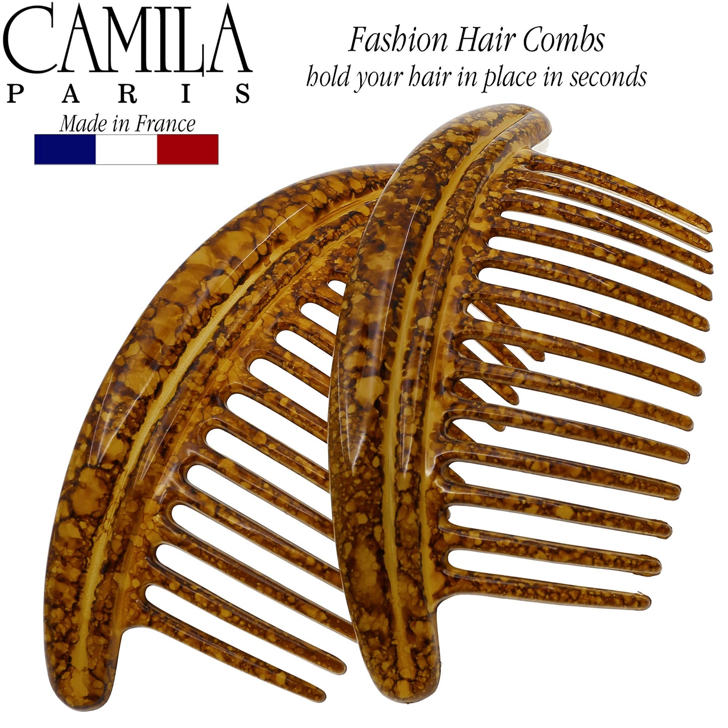 Camila Paris CP3329 French Hair Side Combs Amber Interlocking Combs French Twist Hair Combs, Strong Hold Hair Clips for Women Bun Chignon, Up-Do Styling Girls Hair Accessories Made in France