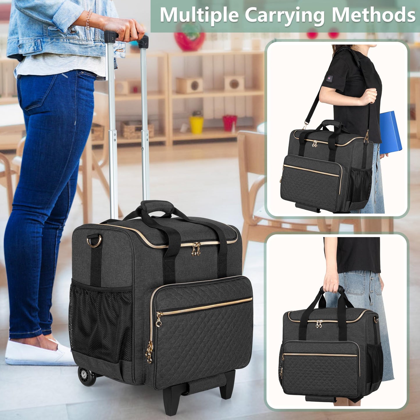 Luxja Rolling Teacher Bag with Laptop Compartment and Detachable Dolly, Multifunctional Rolling Teacher Tote Bag (Patent Pending), Black