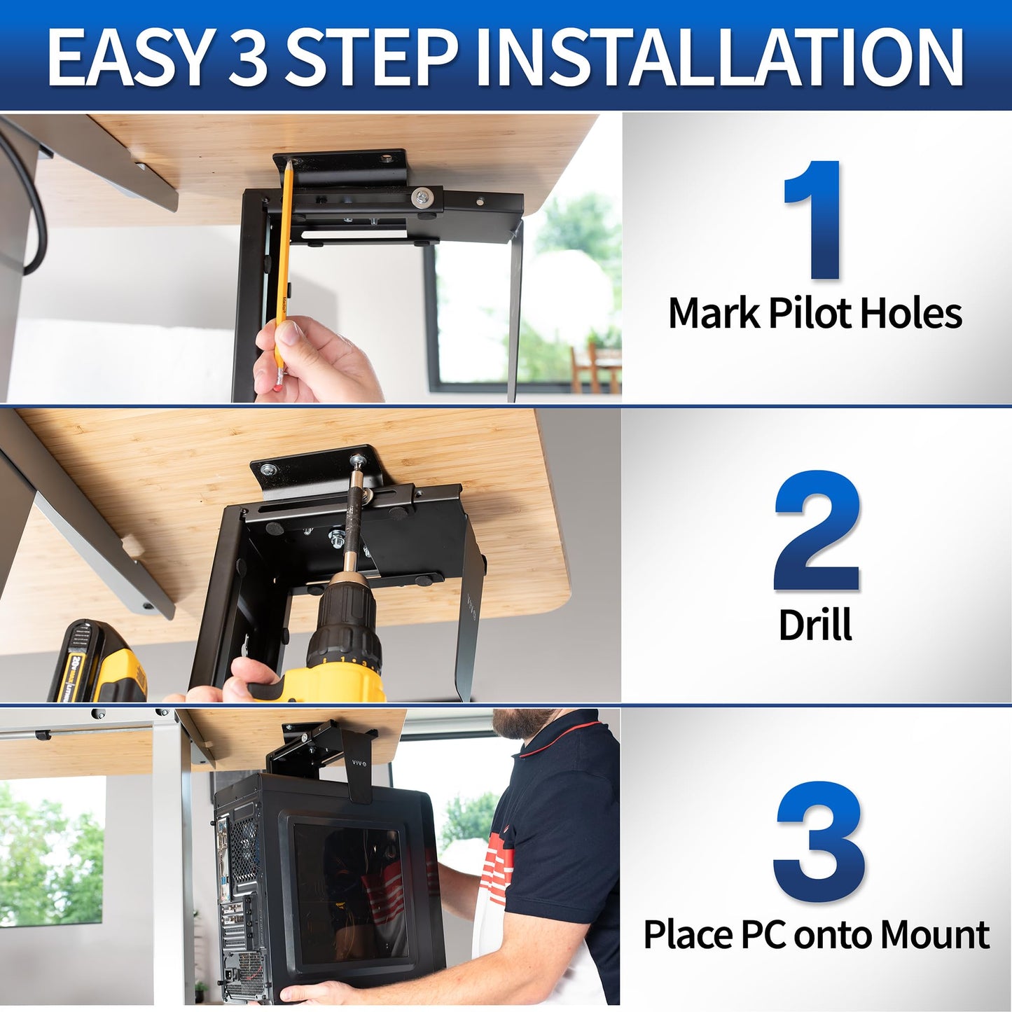 VIVO Adjustable Under Desk and Wall PC Mount | Computer Case Holder with 360-degree Swivel (MOUNT-PC01)