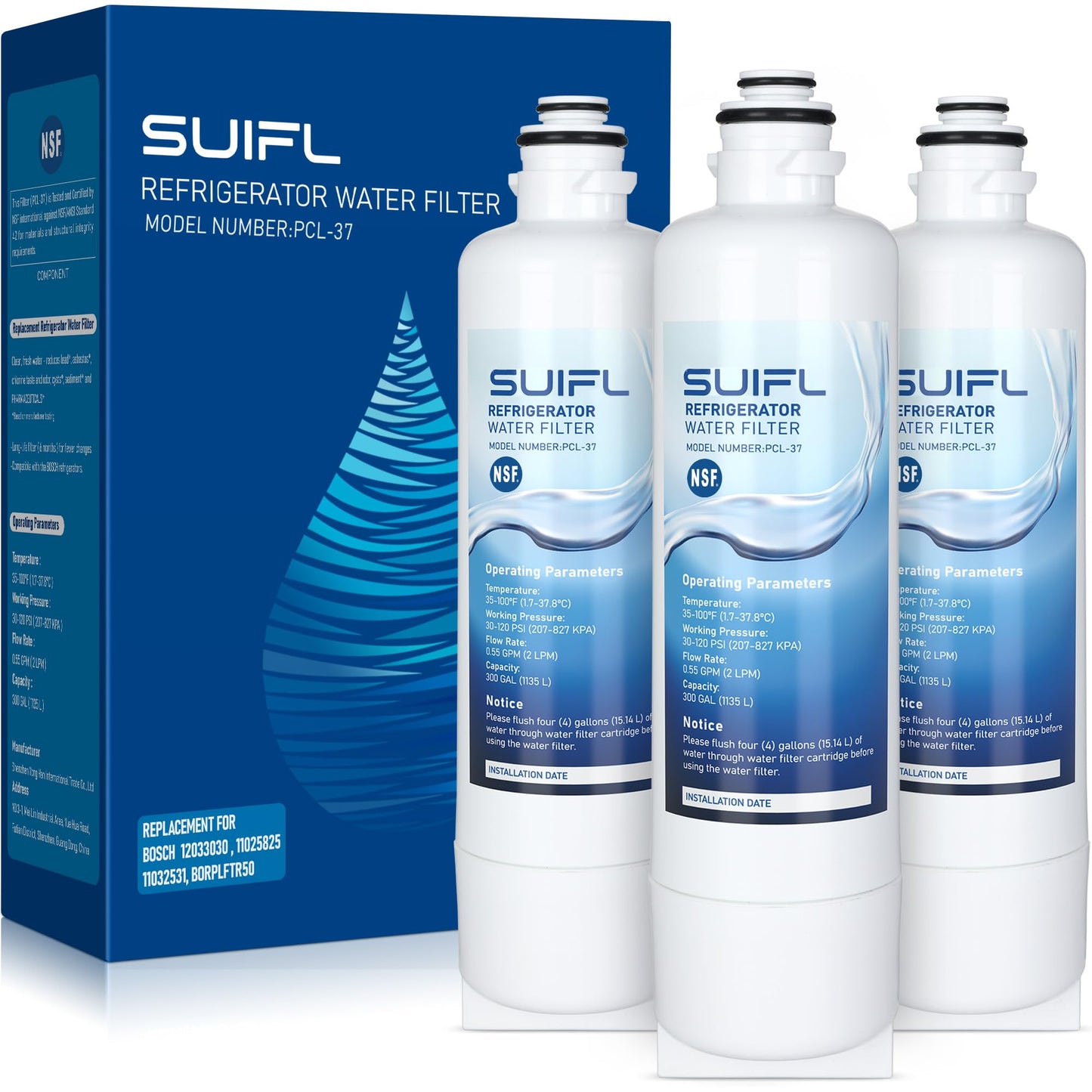 Suifl BORPLFTR55 Water Filter Replacement, Compatible with Bosch Ultra Clarity Pro BORPLFTR50, Bosch B36FD50SNS, B36CD50SNS, B36CD52SNS, B36CD52SNB, B36FD52SNB, B36FD52SNS, 3 Pack