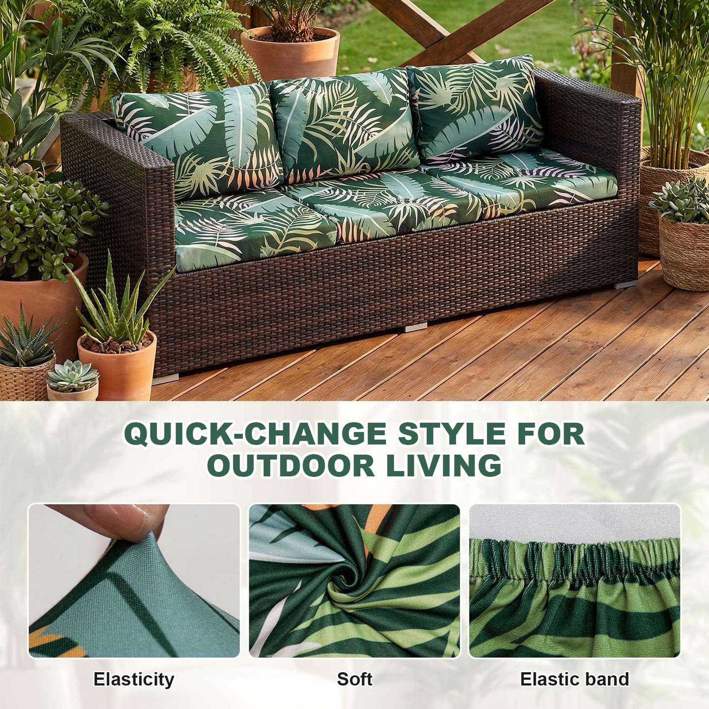 8PCS Outdoor Couch Covers, Patio Sofa Cushion Covers-Stretch Print Slipcovers, Washable Sofa Chair Seat Cushions Slipcovers for Indoor & Outdoor Furniture (8, Green Forest)