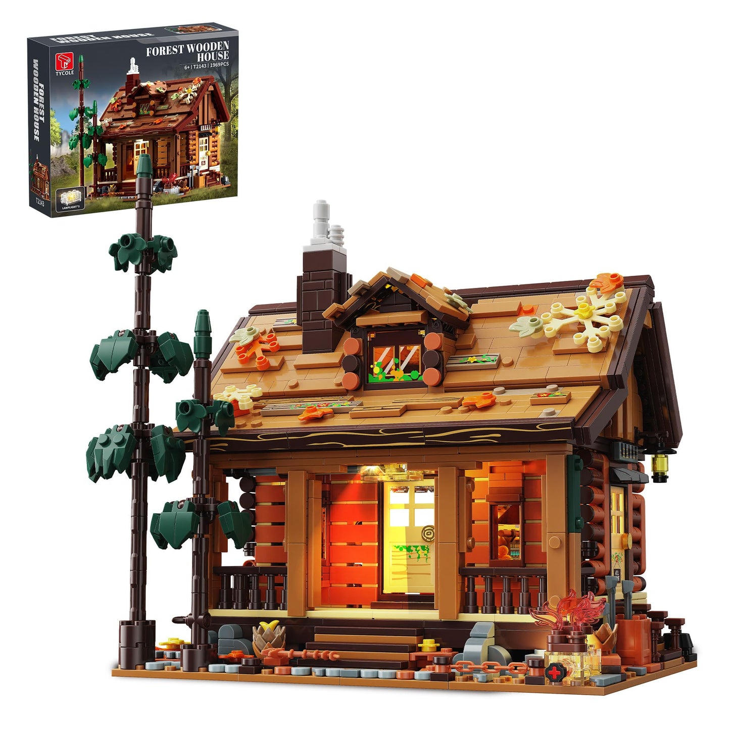 TYCOLE Wood Cabin Building Blocks Set with LED Lights,Wooden Forest House Building Toys,STEM Treehouse Architecture Model-Compatible Brick Set,Birthday Gift for for Adults Boys Age 8-12(1969Pcs)