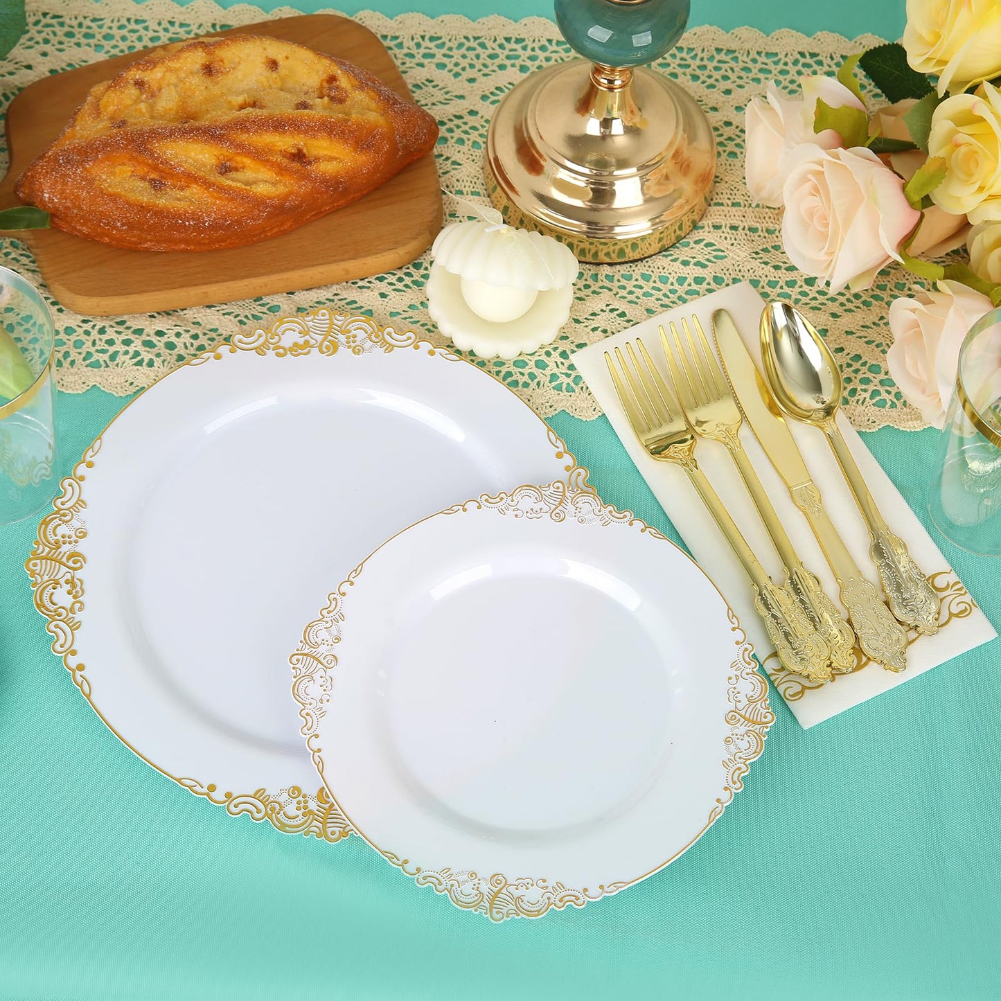 175PCS Gold Plastic Dinnerware White and Gold Plastic Plates for Party Include 25 Dinner Plates, 25 Dessert Plates, 25 Forks, 25 Spoons, 25 Knives, 25 Cups 25 Linen Napkins for Wedding, Birthday