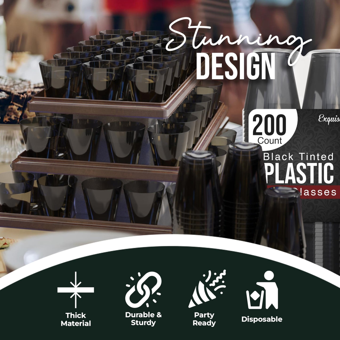 Exquisite Plastic Shot Glasses - 200 Count 2 Oz Smokey Dark Tinted Black Cups - Perfect Party Supplies for Cool and Cute Disposable Shots