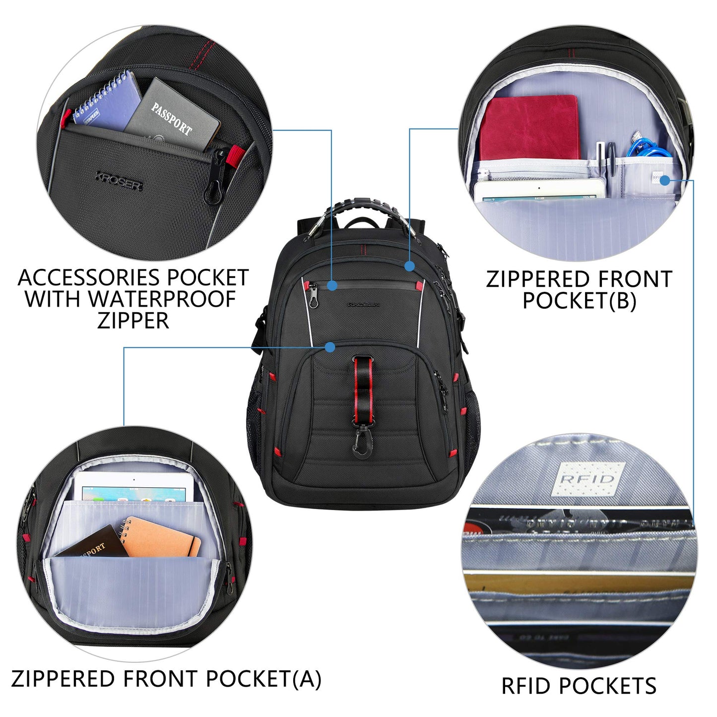 KROSER Travel Laptop Backpack 18.4 Inch Large Computer Backpack Stylish College Backpack with USB Charging Port & RFID Pockets Water-Repellent Day pack for School/Business/Men/Women-Black