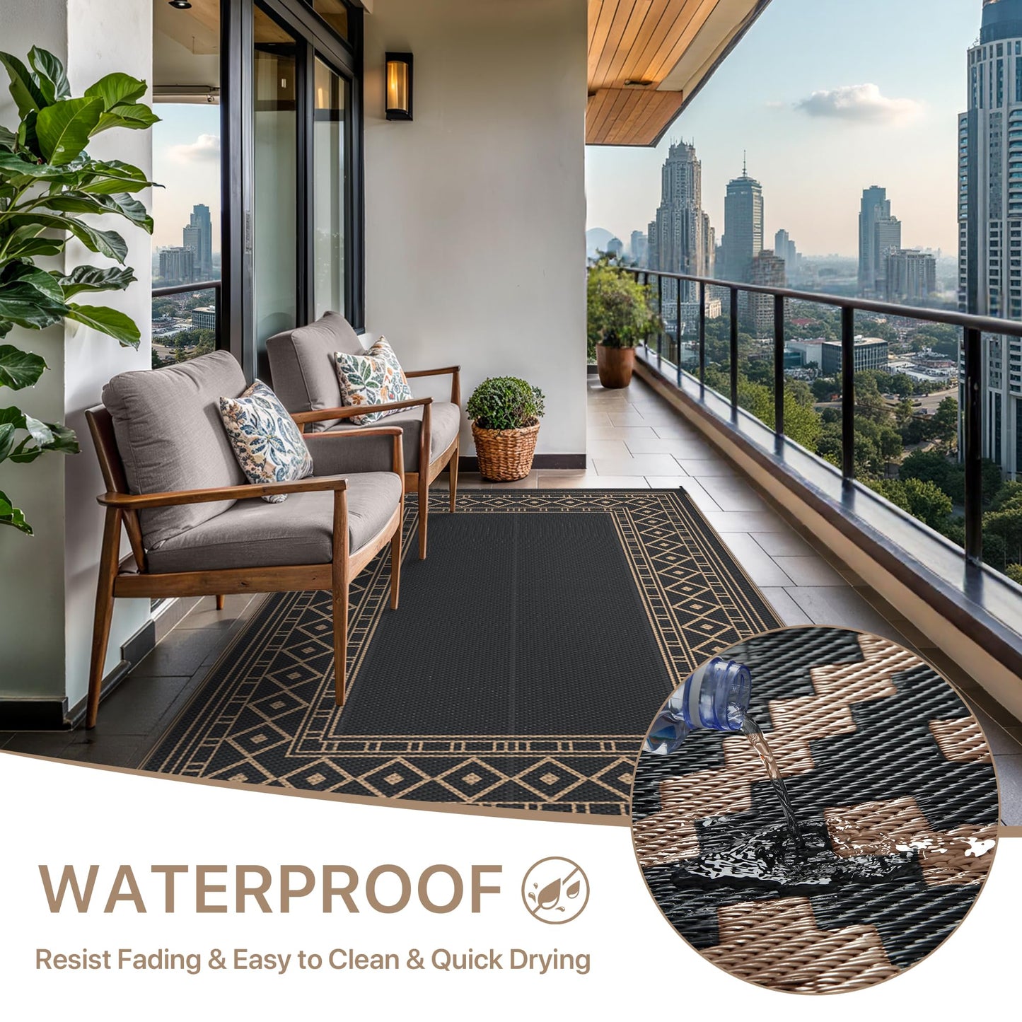 GENIMO 6'x9' Outdoor Rug Waterproof for Patio Decor, Foldable Reversible Plastic Straw Area Rugs Mat for Camper, Outside Carpet for Rv, Deck, Porch, Picnic, Beach, Balcony, Black & Brown