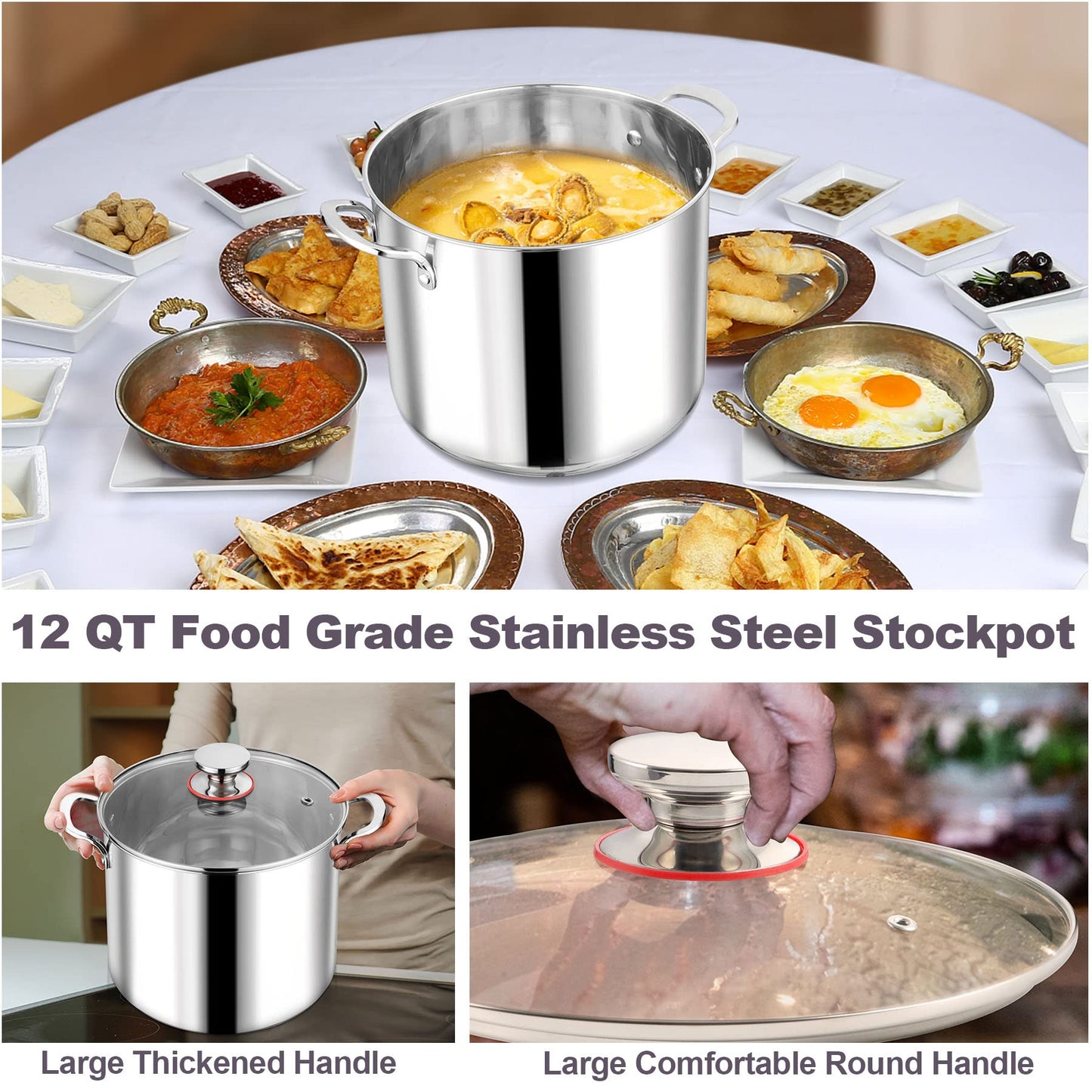 LIANYU 12QT 18/10 Stainless Steel Stockpot with Lid, Large Cooking Soup Pot, Big Cookware, 12 Quart Tall Canning Pasta Induction Pot with Measuring Mark for Boiling Strew Simmer