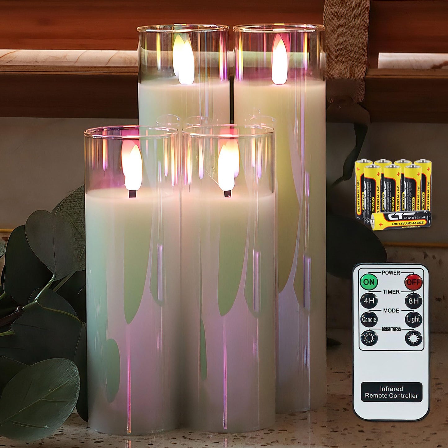 Rhytsing Glass Battery Operated LED Candles, White Slim Flameless Candles with Remote, Warm White Light, 8 Batteries Included - Dia.5 cm - Set of 4 (Pearlescent)