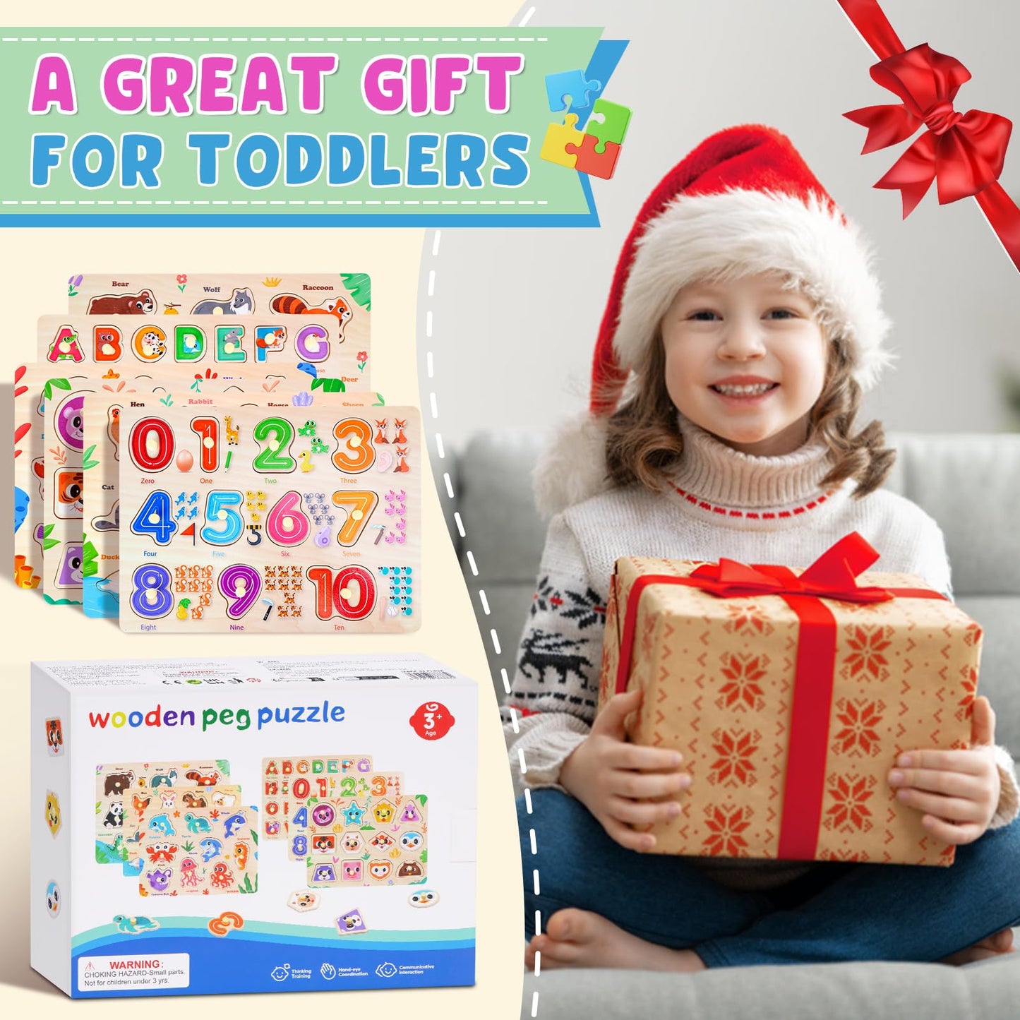 Toddler Puzzles Montessori Toys for 3 4 5 Years Old, 6 PCS Wooden Puzzles for Kids Ages 4-6 - Learning Alphabet, Numbers, Shapes and Animals, Educational Toys Puzzle Gifts for Girls Boys