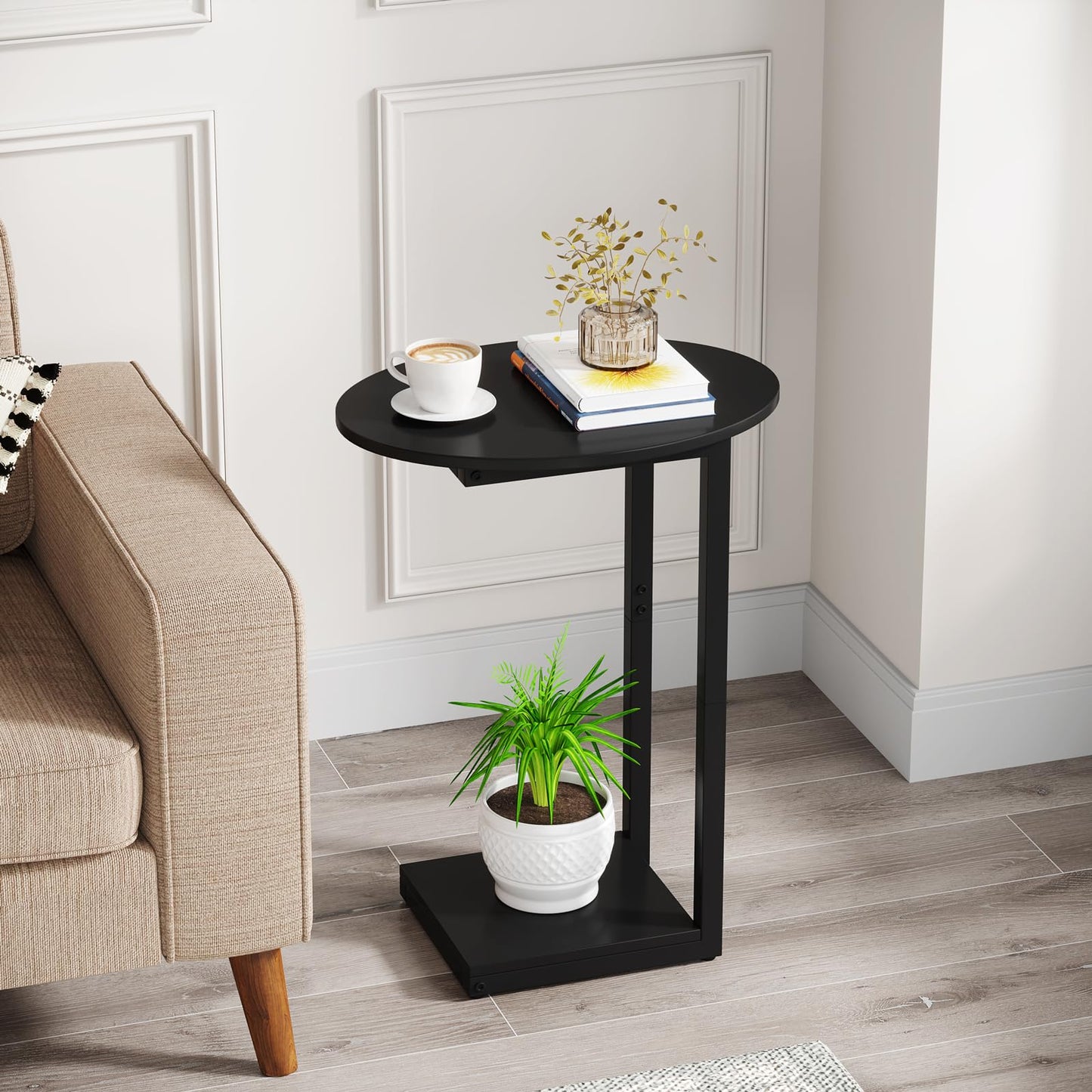 Hosfais Small Side Table End Table, C-Shaped Wood Coffee Table TV Tray for Eating Couch Tables for Small Space, Living Room (Black)