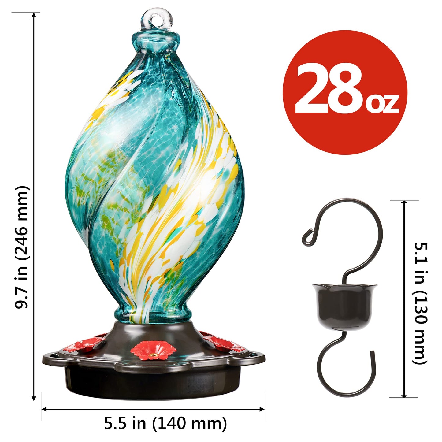 LUJII Ice Cream Shaped Spiral Hummingbird Feeder for Outdoors Hanging, Hand Blown Glass, 28 fl.oz, Leak Proof & Rustproof, Includes Metal Hook, Unique & Stylish Glass Art & Decor, Teal