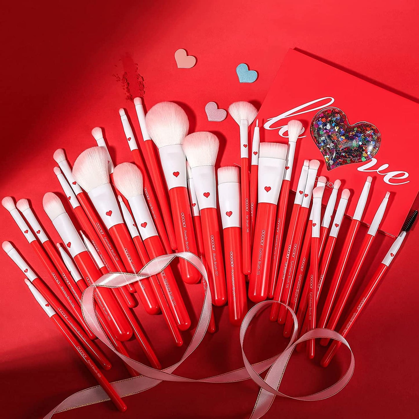 Docolor Makeup Brushes 32Pcs Professional Makeup Brush Set Premium Gifts for Lover Kabuki Foundation Blending Face Powder Blush Contour Eye Shadows Eyebrow Eyeliner Make Up Brushes Tools Kit Rose Red