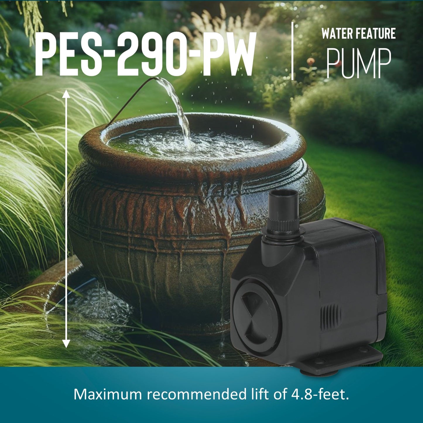 Little Giant PES-290-PW 115-Volt, 300 GPH Magnetic Drive Fountain/Pond Pump with 6-Ft. Cord, Black, 566717