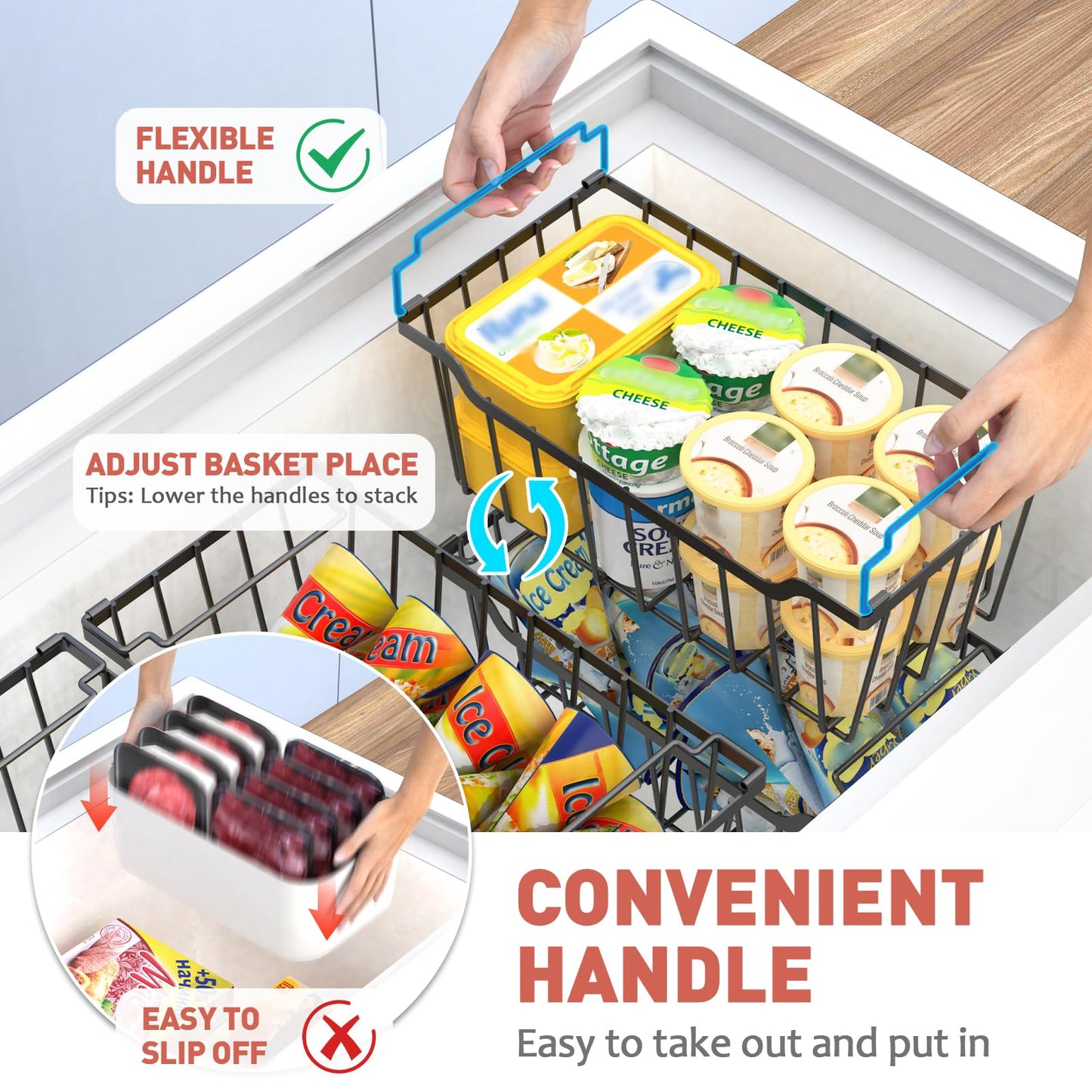 Goovilla Freezer Organizer Bins with Foldable Handle, 4 Pack Stackable Freezer Baskets for 3.5-7 Cu.FT Deep Chest Freezer Organization, Coated Metal Freezer Storage Bins with Better Space Utilization