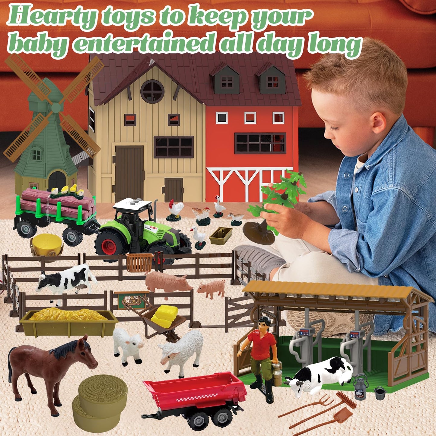 136PCS Farm Animals Toys Set Comes with Barn, Tractor Trailer, Milking shed, Windmill, Farmer, Fence - Playset for Kids Toddlers Boys Girls 5+ Years Old