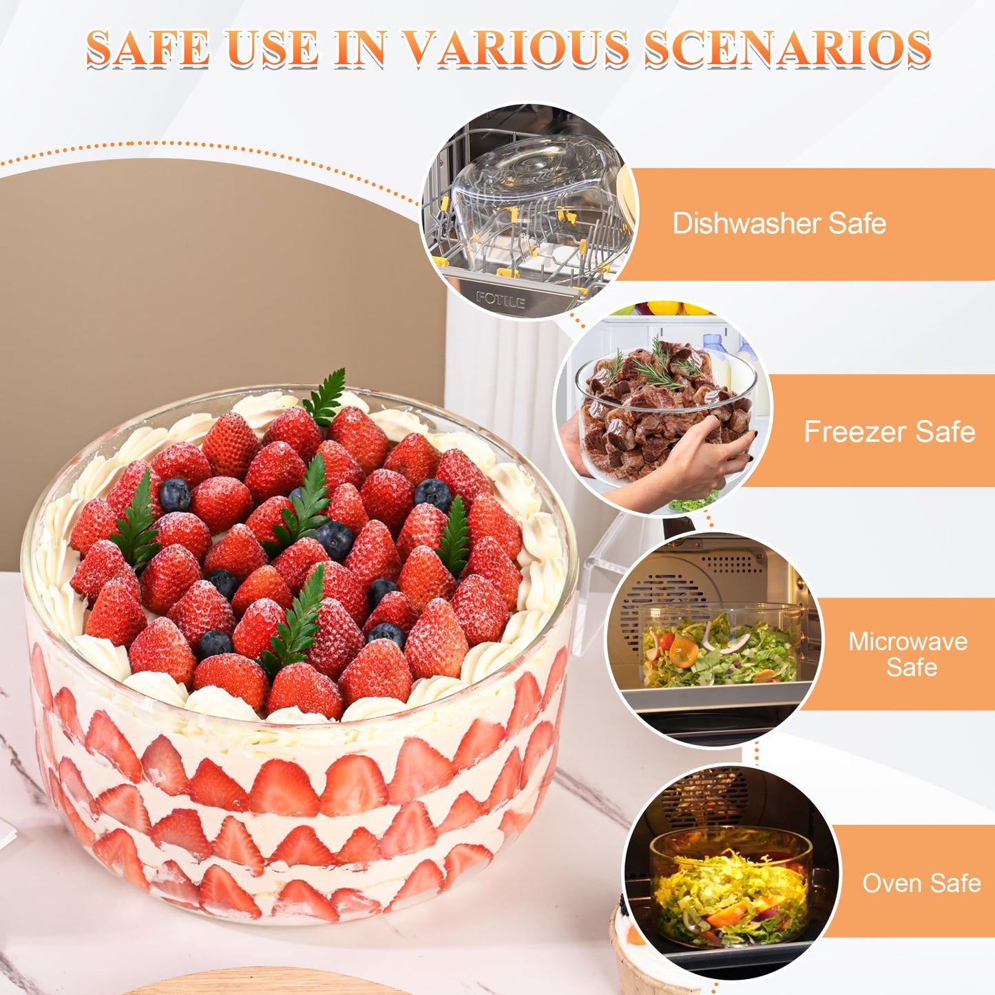 LOVYANXUE 10 inch Large Salad Bowl, Glass Trifle Bowl with Lid, 197 oz Versatile Mixing and Serving Bowl for Laying Ice Cream, Cake, Salad, Fruit, Baking, Dessert and Party DIY, Microwave Safe