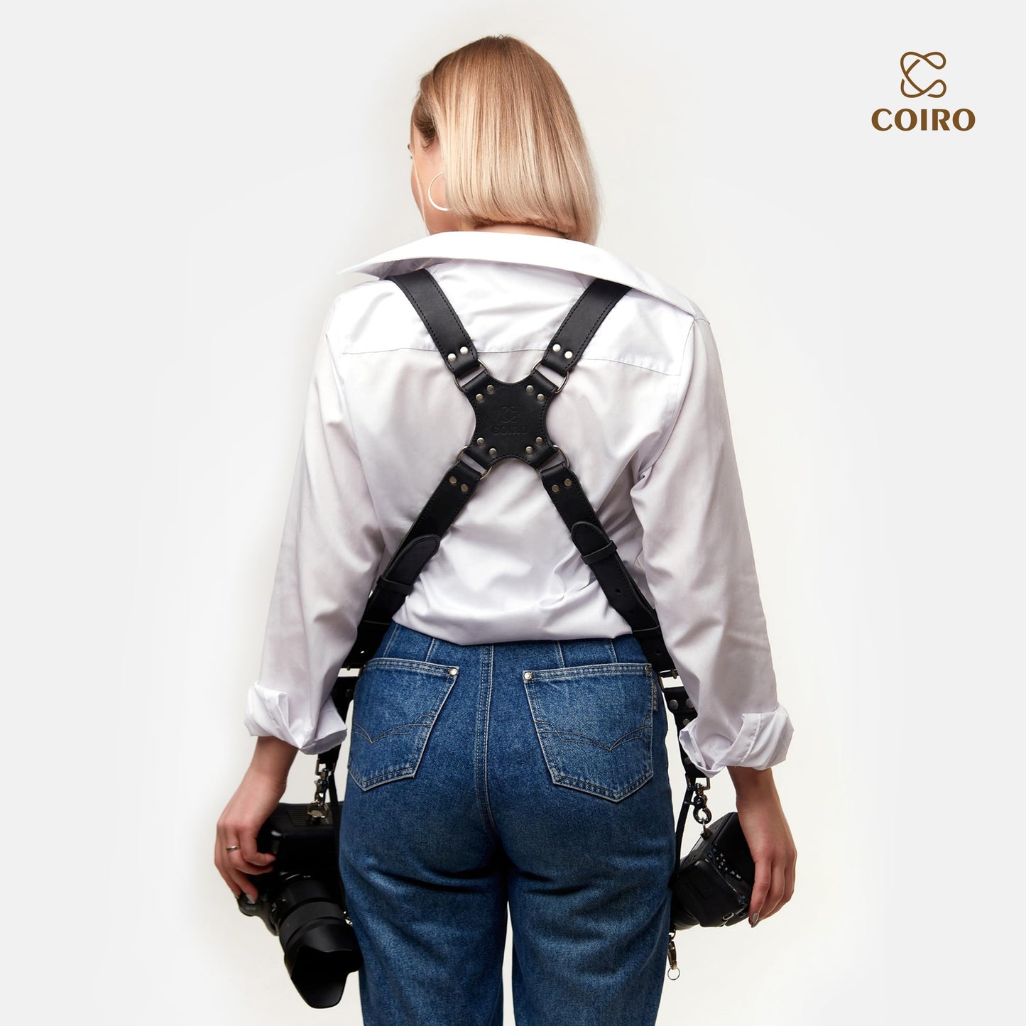 Camera Strap Accessories for Two-Cameras – Dual Shoulder Leather Harness – Multi Camera Gear for DSLR/SLR Black