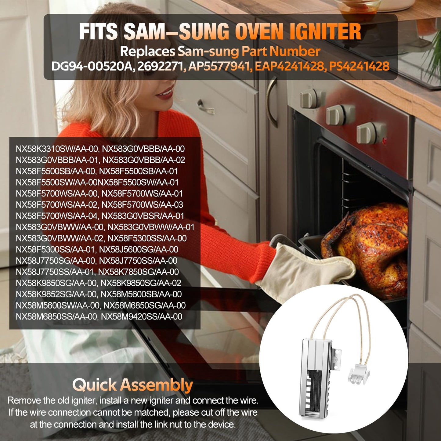onlyfire DG94-00520A Range Oven Igniter Replacement for Samsung NX58F5500SS NX58H5600SS NX58H9500WS Oven Igniter, Fits Sam-Sung 2692271, AP5577941, EAP4241428, PS4241428
