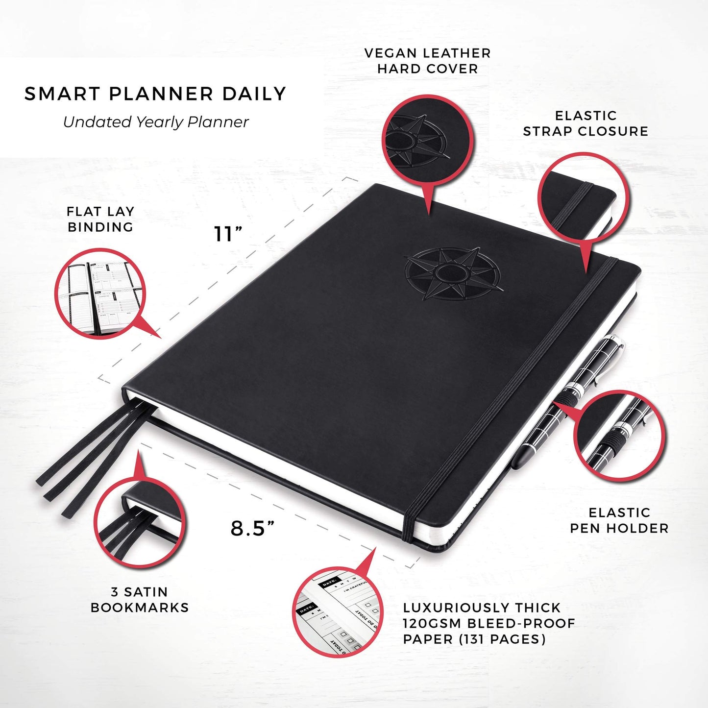 Smart Daily Planner- A4 Size 11 x 8.5 inches – Undated Agenda Daily Planner – Achieve Goals & Increase Productivity, Time Management & Happiness - Daily Weekly Monthly Planner with Gratitude Journal and Hardcover (Black)