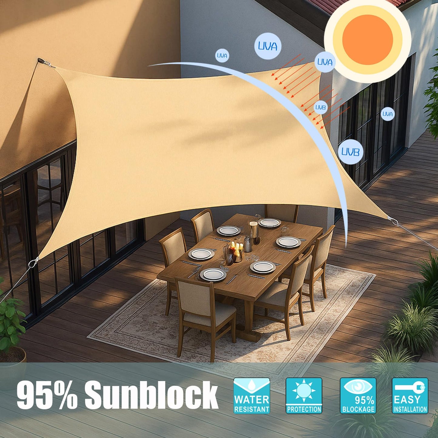 Insun 95% Sunscreen Anti UV Water Resistance Oxford Cloth Rectangle Sun Shade Sail Awning Shade for Outdoor Garden Patio Party Grey 10'x13'