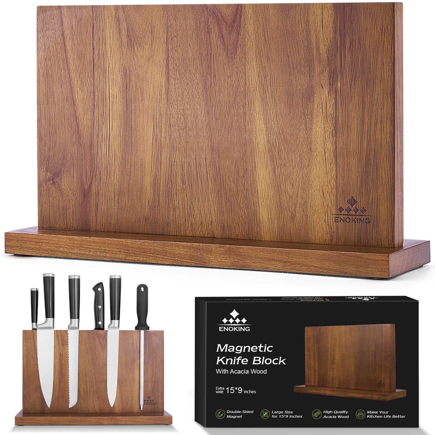 Extra Large Magnetic Knife Block, Double-Sided Acacia Wood Knife Holder with Built-in Powerful Magnetic Strips, 15.2" Universal Knife Storage Organizer for Kitchen Counter, No Drilling Required