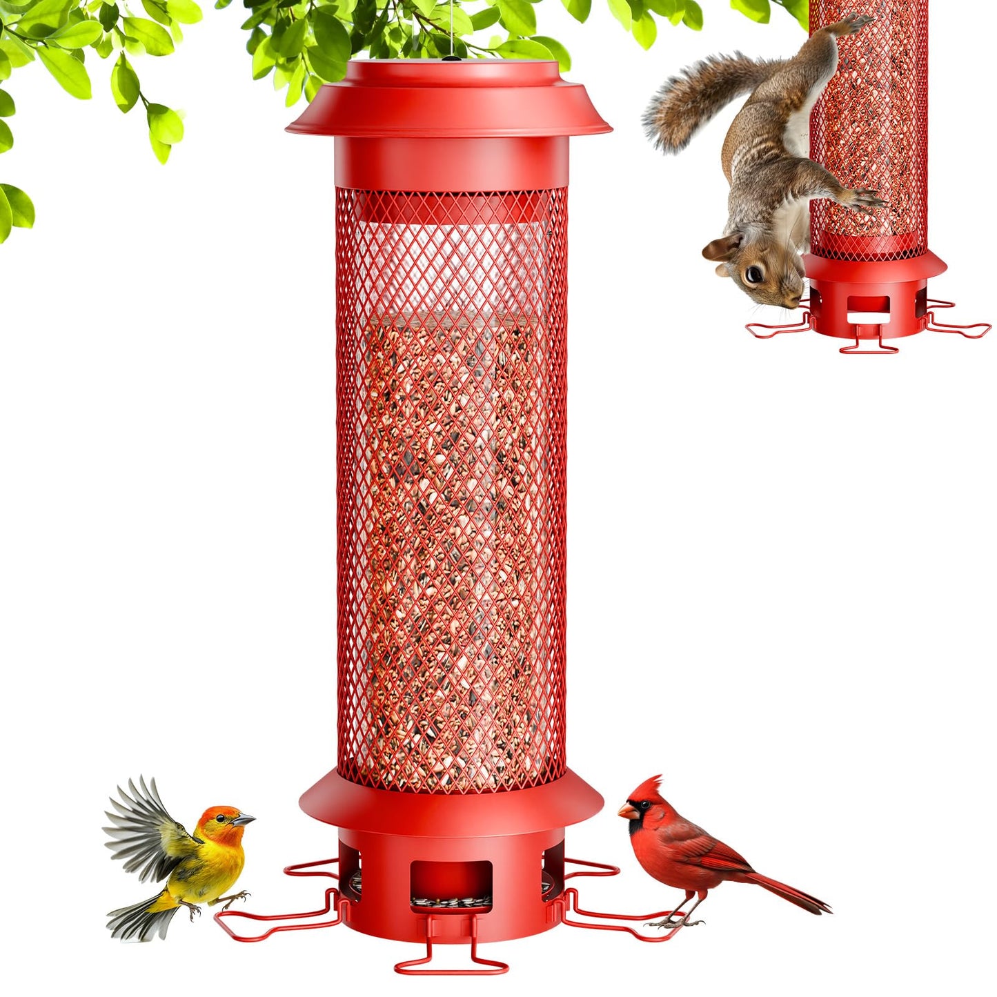 Wellavich Weight-Activated Squirrel Proof Metal Bird Feeder with Removable Spill-Proof Tray, 5 Perches, 4 lb Capacity, Easy to Fill and Clean, Outdoor Bird Feeder for Medium to Large Birds