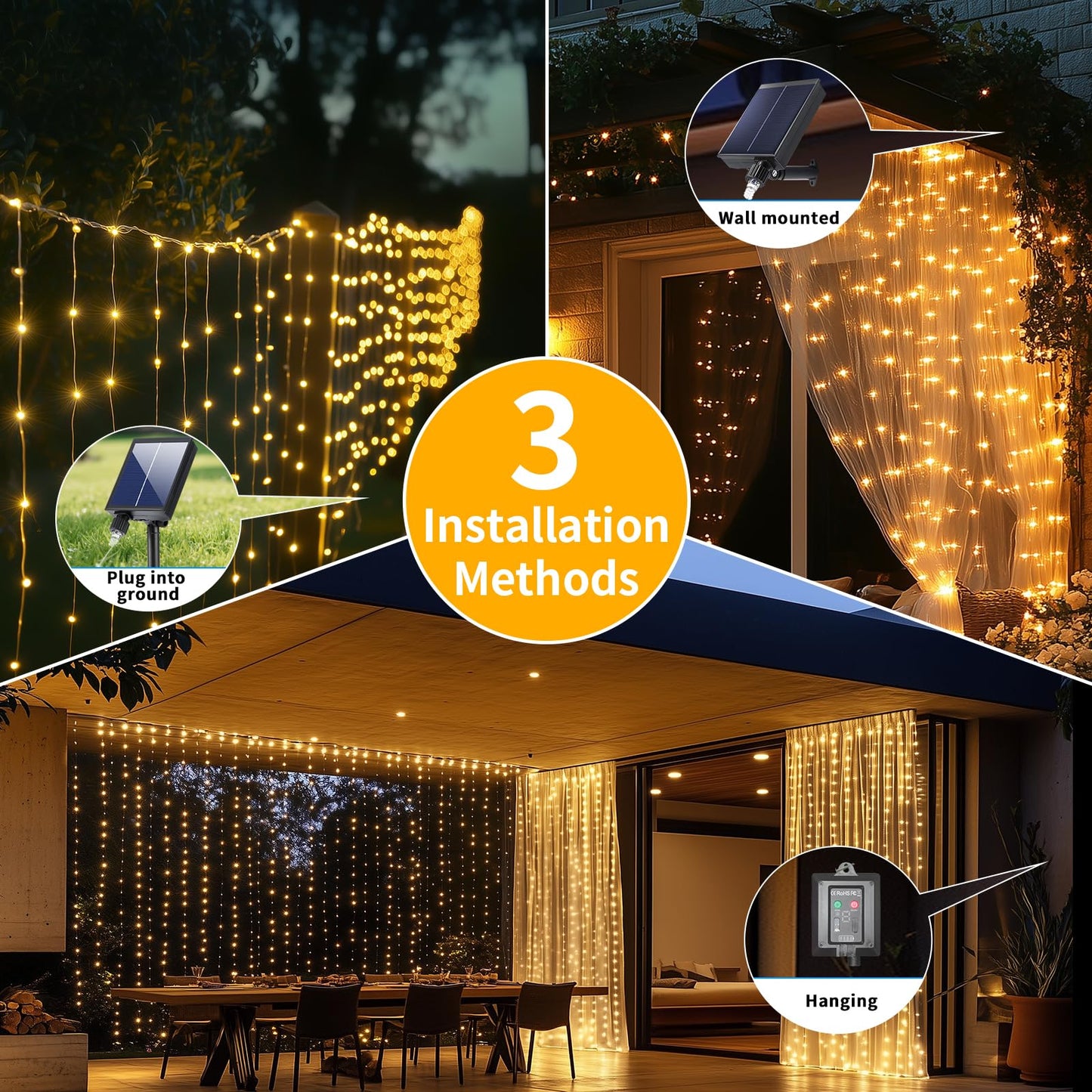 Adericher Solar Curtain Lights 10x10Ft 300LED Waterfall Lights with USB Rechargeable Waterproof Remote 8 Modes Timer Hanging Twinkle Fairy String Lights for Wedding Pergola Gazebo Bedroom Christmas