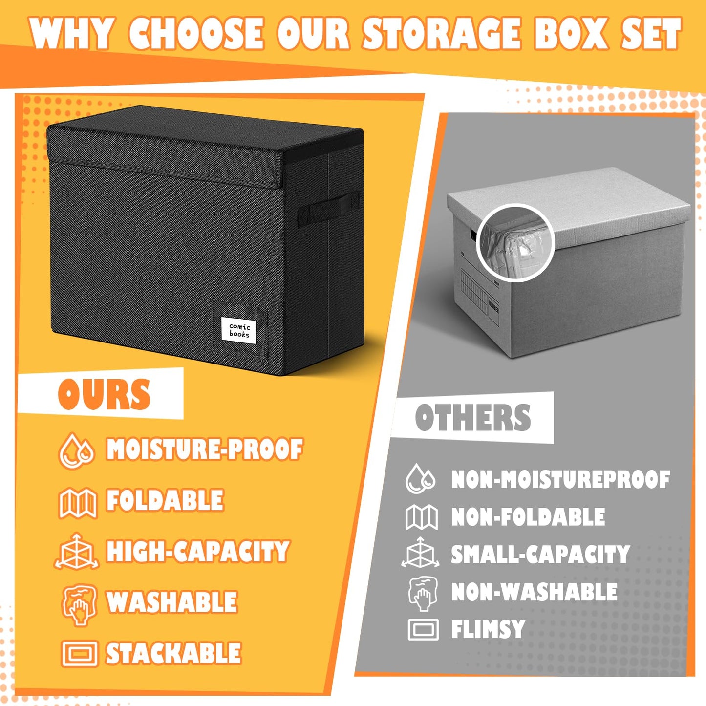 Leffis 2 Pack Collapsible Comic Book Storage Box 15.5" X 7.5" X 11.3", Short Comic Book Box with Handles, Holds 150 Comics Heavy Duty Comic Book Bin