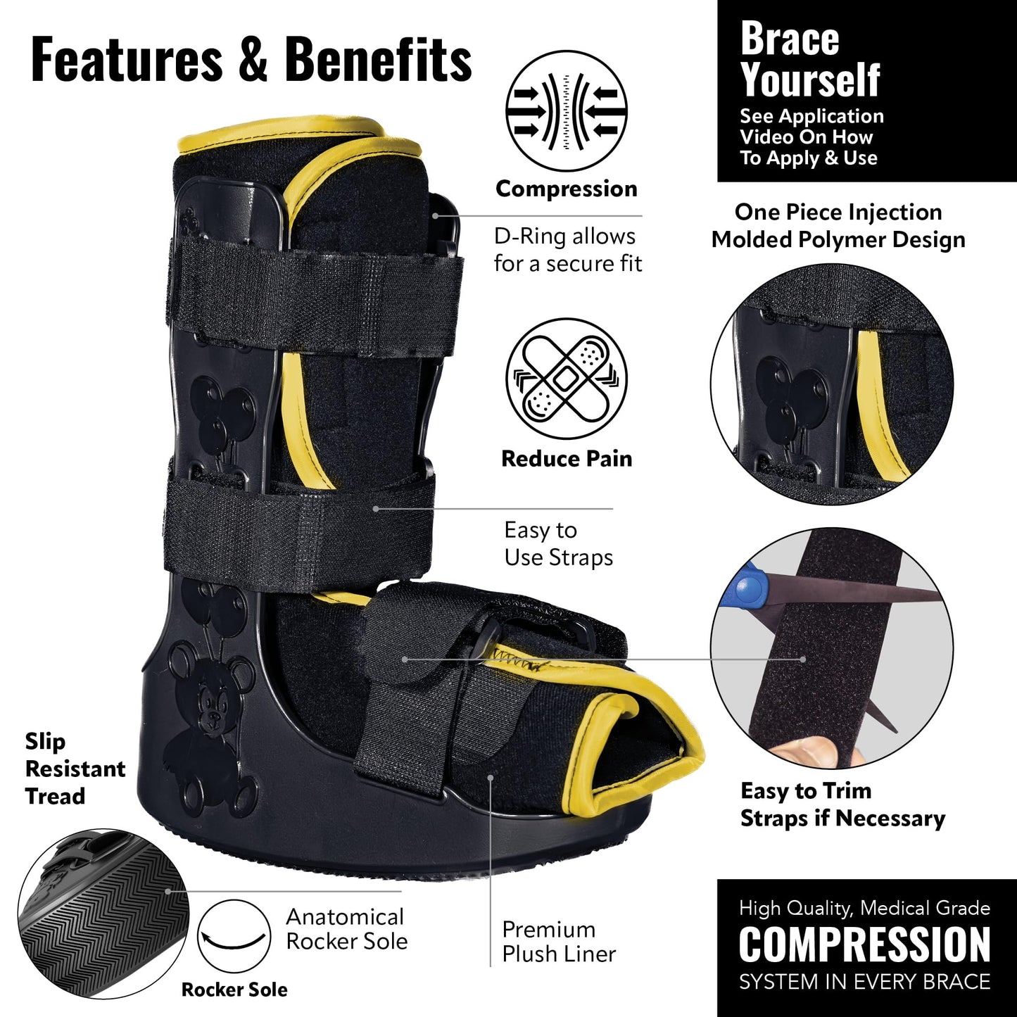 Braceapedia Pediatric Buddy Boot, Kids Medical Grade Left/Right Foot & Ankle Support Brace, Sprain & Injury Recovery Walker Boots, Kids Ankle Brace for Sports and Recovery, Large Yellow Liner, Black