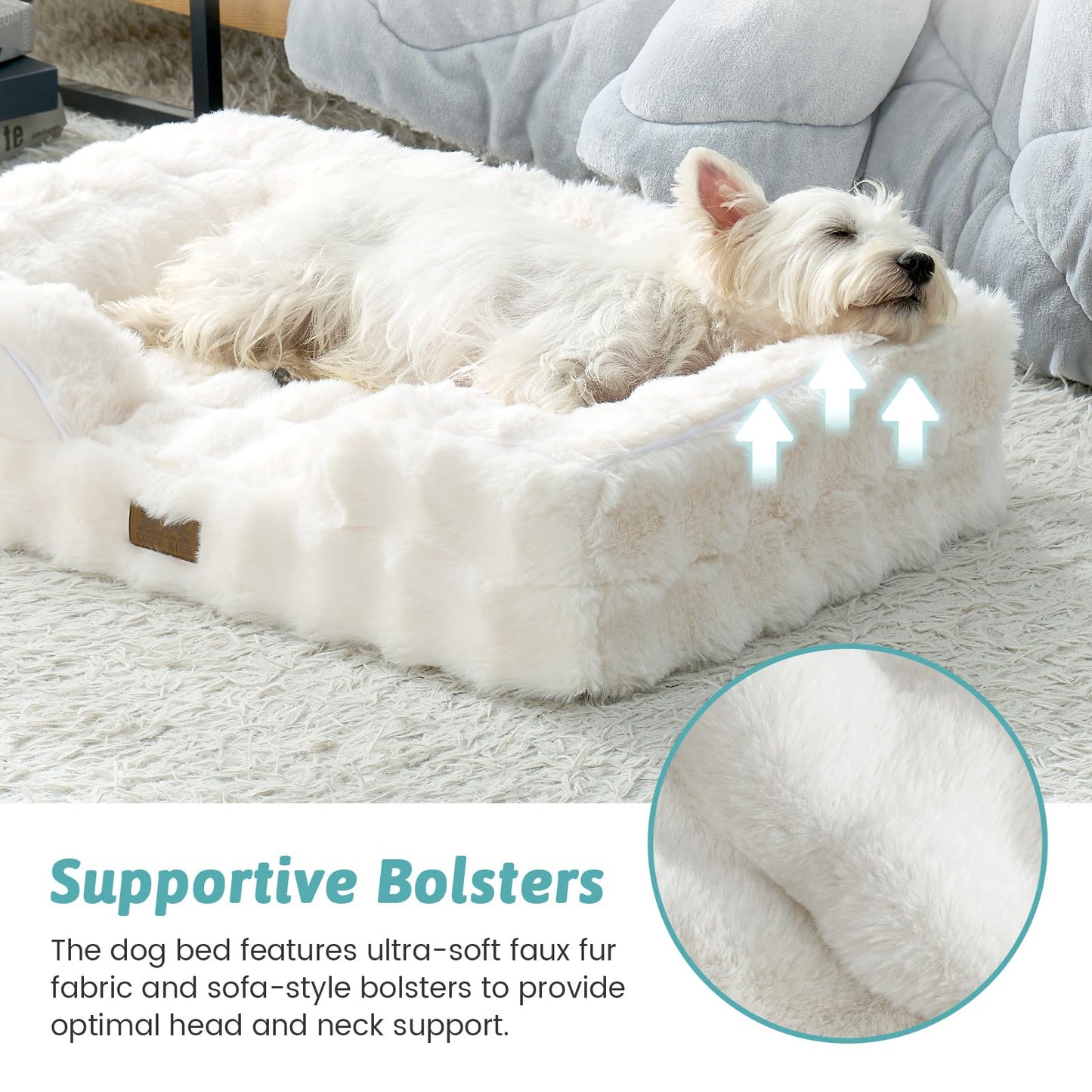 COZY KISS Orthopedic Dog Bed for Medium Small Size Dog, Soft and Warm Faux Fur Sofa for Pet Up to 40 lbs, Foam Bolster Anti-Slip Couch with Washable Removable Cover, M 30x20x6.5 inch, Beige