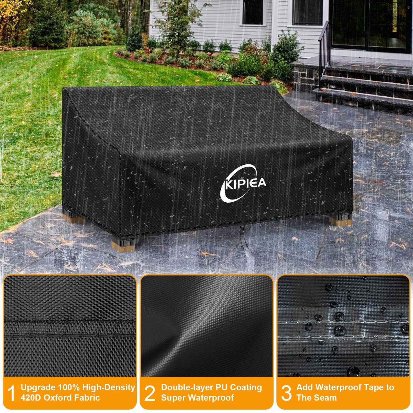 Kipiea Patio Sofa Cover Heavy Duty 420D Outdoor Couch Covers Waterproof Winter, 2-Seat Patio Furniture Cover Loveseat, Outdoor Sofa Covers with Anti UV and No Tears, No Fading (60"W x 34"D x 31"H)