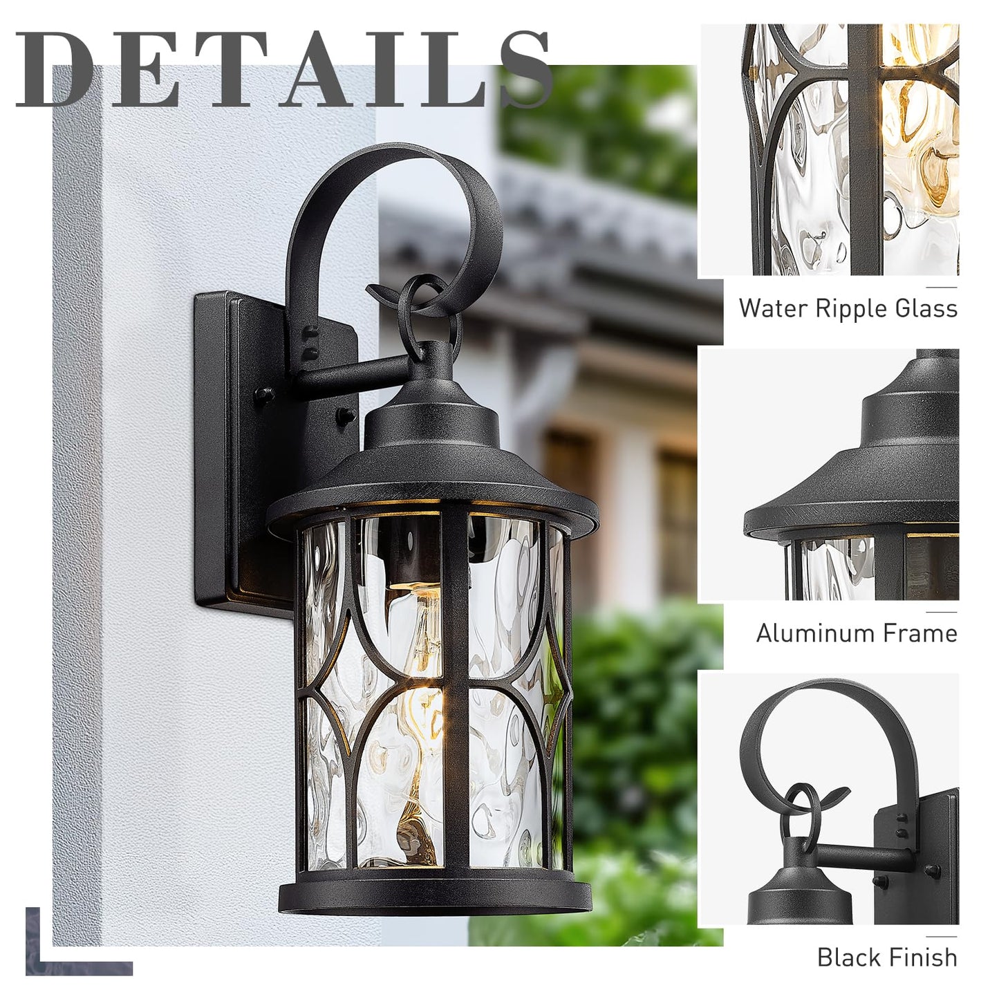 zeyu Wall Mounted Lantern Light, 15.5 Inch Outdoor Wall Light Fixtures for House in Black Finish, Die-Cast Aluminum with Water Ripple Glass, ZX111B BK-WG