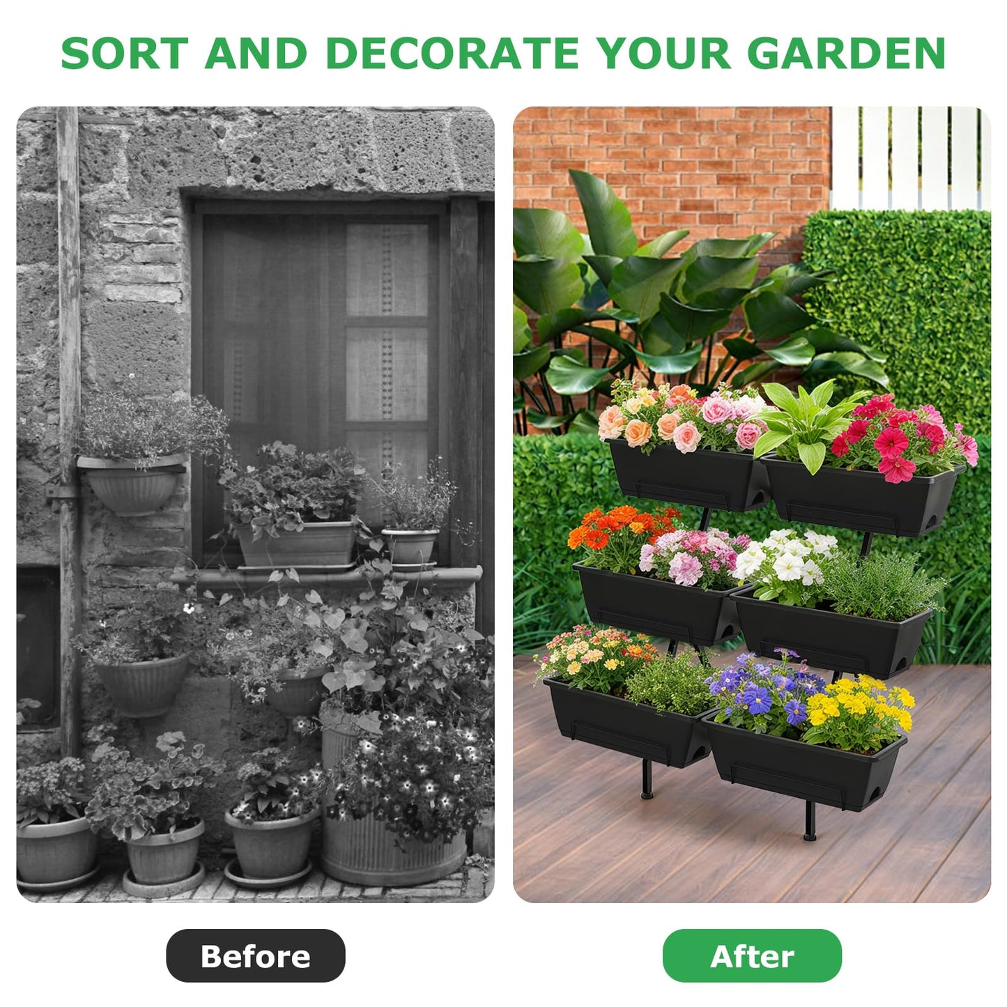Vertical Garden Planter 3 Tier Vertical Raised Garden Bed with 6 Garden Planter Boxes Elevated Raised Bed with Drainage Holes Outdoor Standing Garden Planter for Herbs Flowers Vegetables, Black