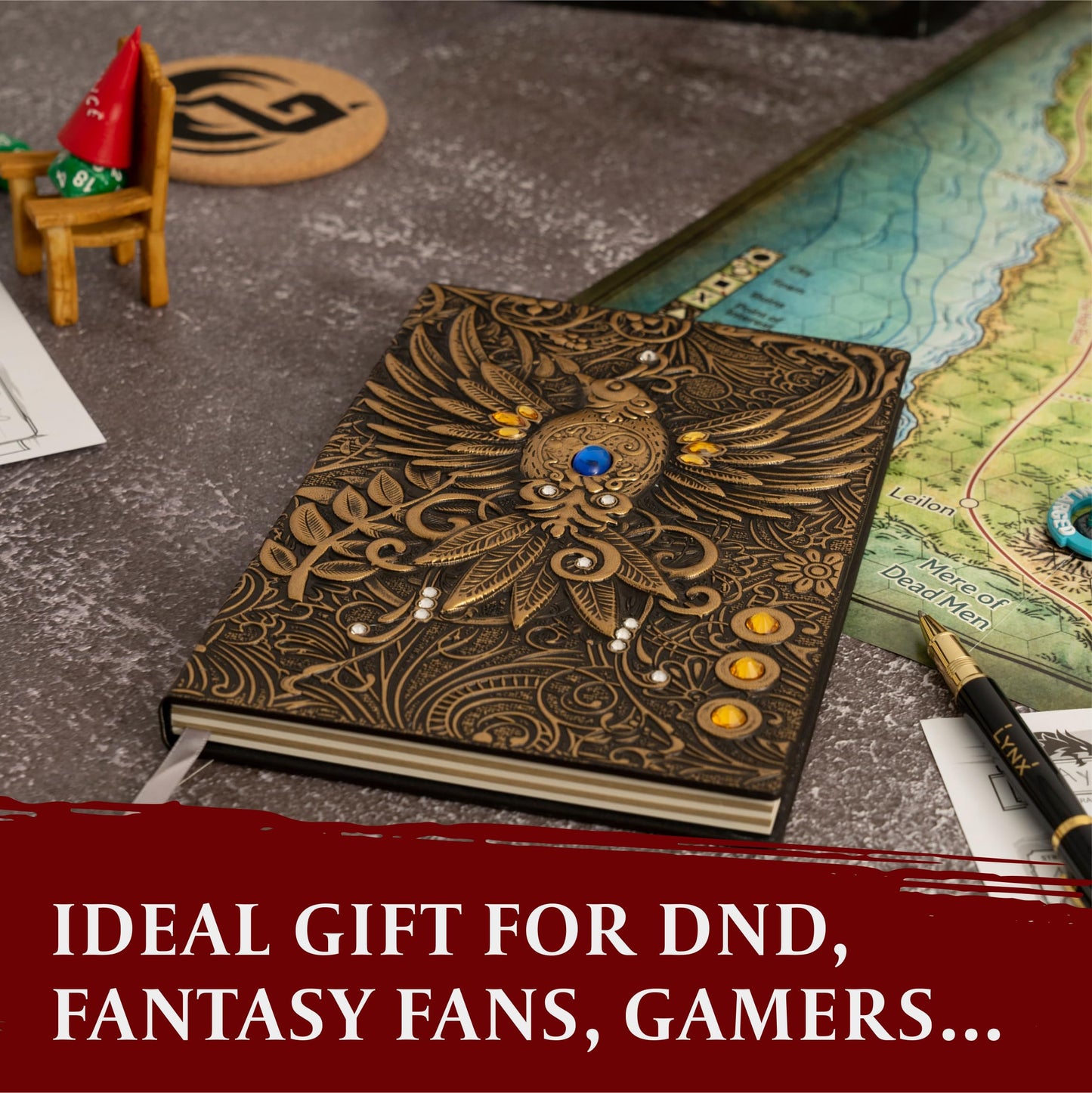 DND Notebook / Journal, Unique 200 Page Book with 3D Bronze Dragon Embossed Faux Leather Cover with Pen- Ideal for Dungeons & Dragons / D&D. Great RPG Accessories Nerdy Fantasy Gift for DM's & Players, Men or Women.