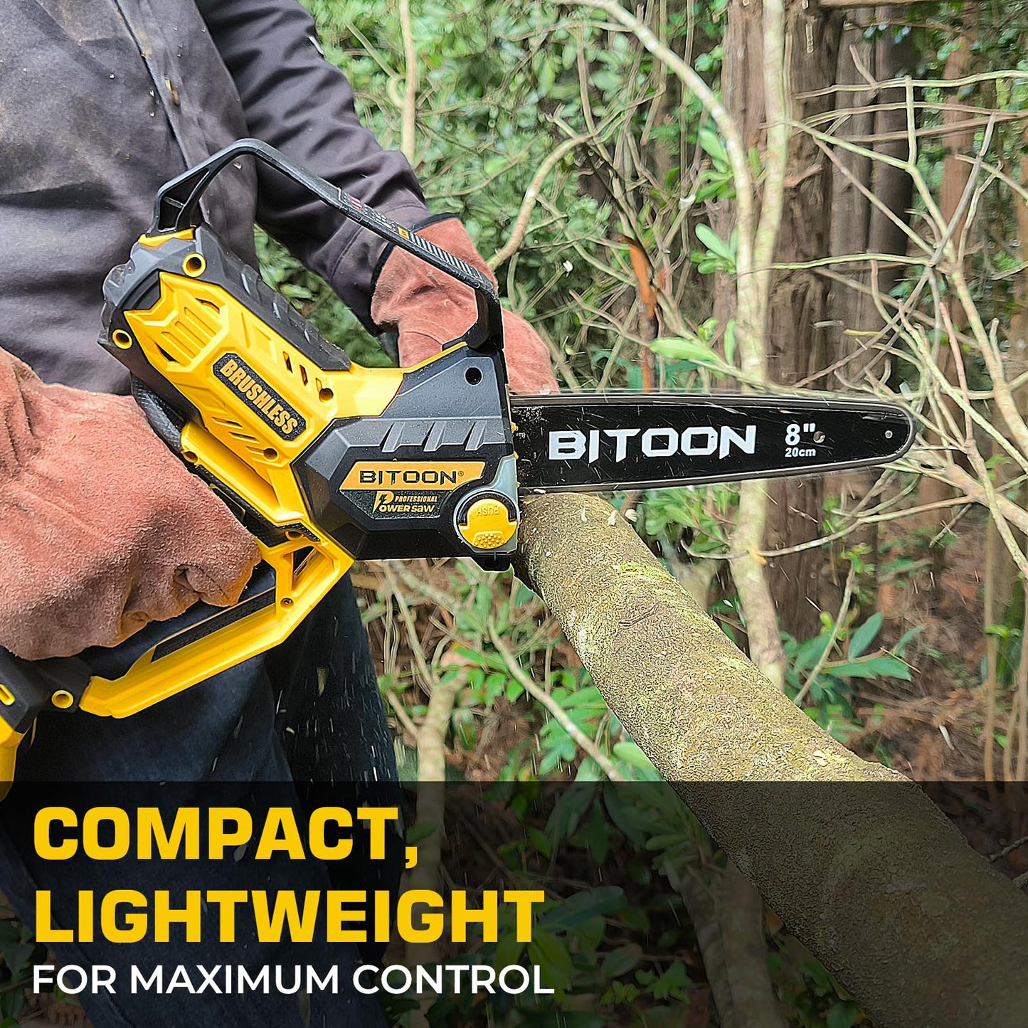 BITOON 8-Inch Mini Chainsaw with 2PCS 3.0Ah Battery and Charger, Auto-Oiler, Brushless Cordless 8-Inch and 6-Inch 2-in-1 Pruning Chain Saw, Portable Electric Chainsaw for Cutting Wood, Branches Yellow