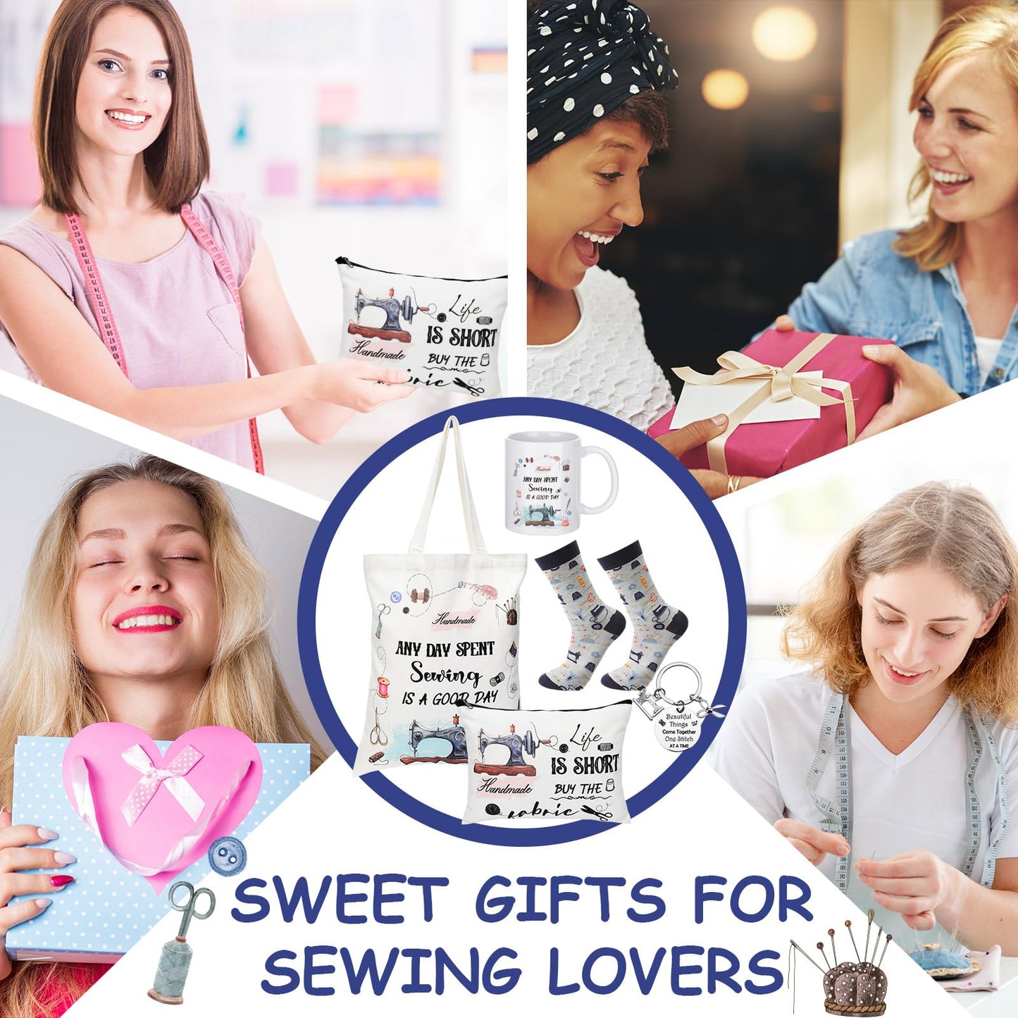 Abbylike 5 Pcs Sewing Gifts for Seamstress Women Gifts Canvas Bag Cosmetic Bag Quilting Coffee Mug Socks 11 oz Cup Quilter Keychain Funny Presents for Mom Quilters Sewing Lovers(White,Classic)