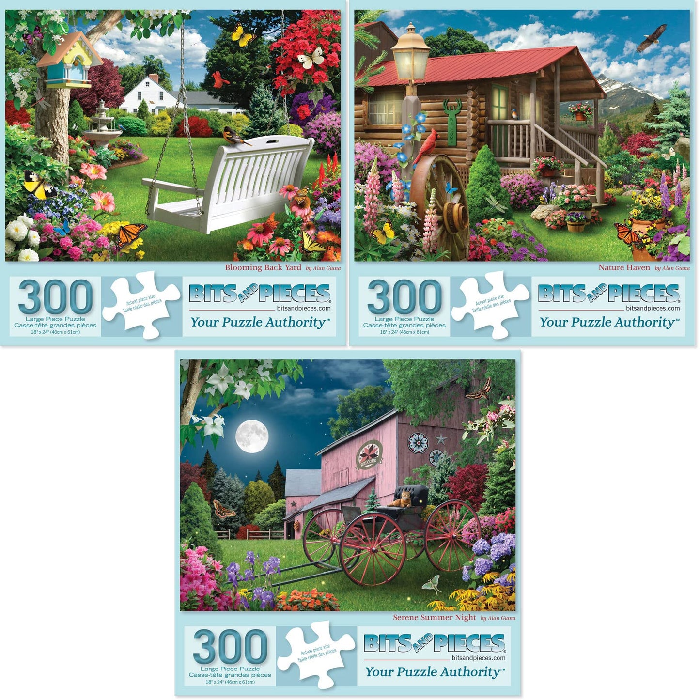 Bits and Pieces - Value Set of (3) 300 Piece Jigsaw Puzzles for Adults - Each Puzzle Measures 41cm x 51cm - 300 pc Blooming Back Yard, Nature Haven, Serene Summer Night Jigsaws by Artist Alan Giana