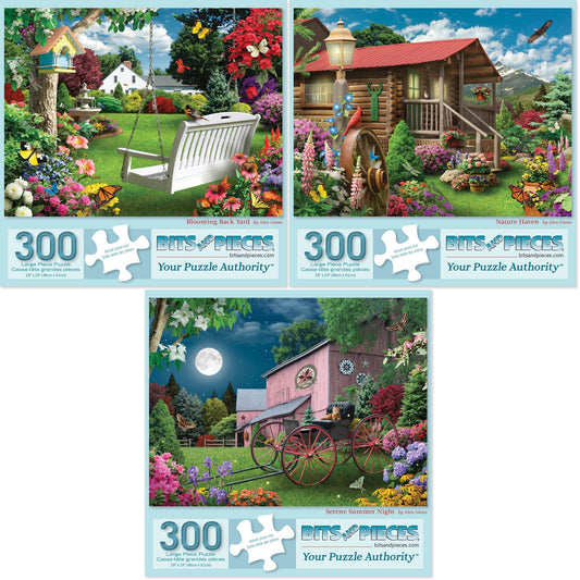 Bits and Pieces - Value Set of (3) 300 Piece Jigsaw Puzzles for Adults - Each Puzzle Measures 41cm x 51cm - 300 pc Blooming Back Yard, Nature Haven, Serene Summer Night Jigsaws by Artist Alan Giana