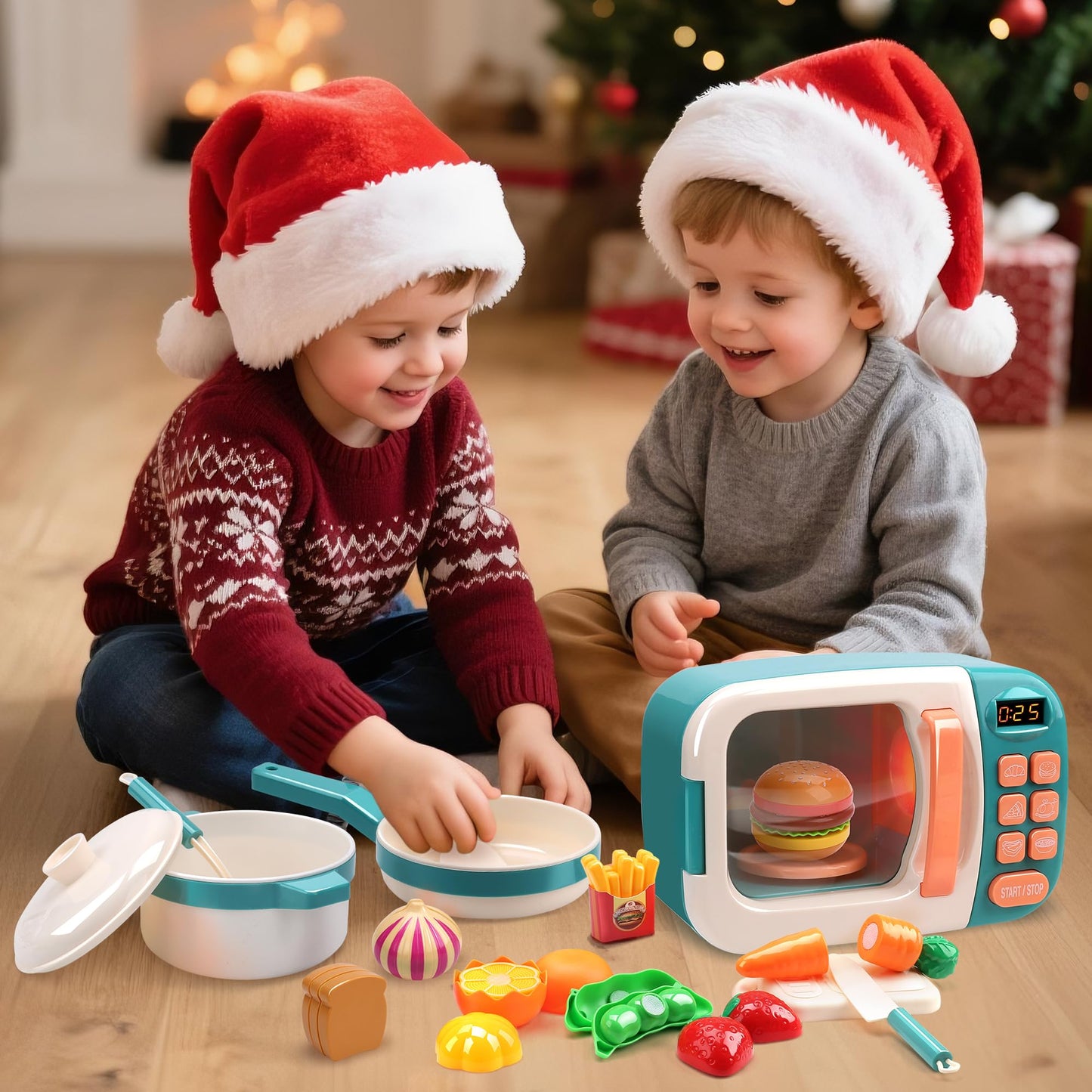 CUTE STONE Kids Play Kitchen Set, Pretend Play Microwave Toys, Kitchen Oven with Play Food, Play Cookwares Toy Pot and Pans Set, Cooking Utensils, Learning Gifts for Kids Toddlers Girls Boys