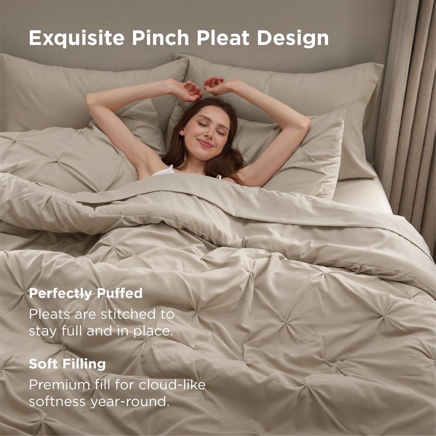 Bedsure Queen Comforter Set Beige - 7 Pieces Bed in a Bag Queen Size, GentleSoft™ Pintuck Bed Set Gift for Family, Pinch Pleat All Season Comforter with Sheets, Pillowcases & Shams