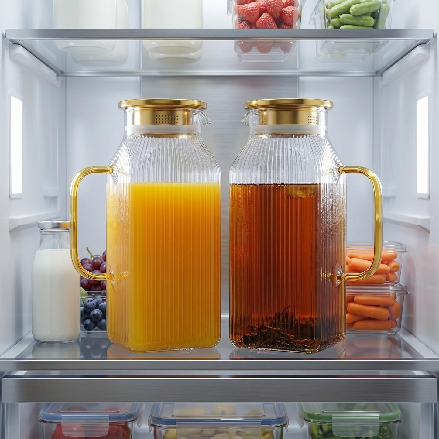Doubleggs 2 Pack 2 Liter/68 oz Square Glass Pitcher with Lid, Classic Stripes Water Pitchers with Handle for Fridge, Borosilicate Glass Carafe for Iced Tea, Coffee, Hot and Cold Drinks